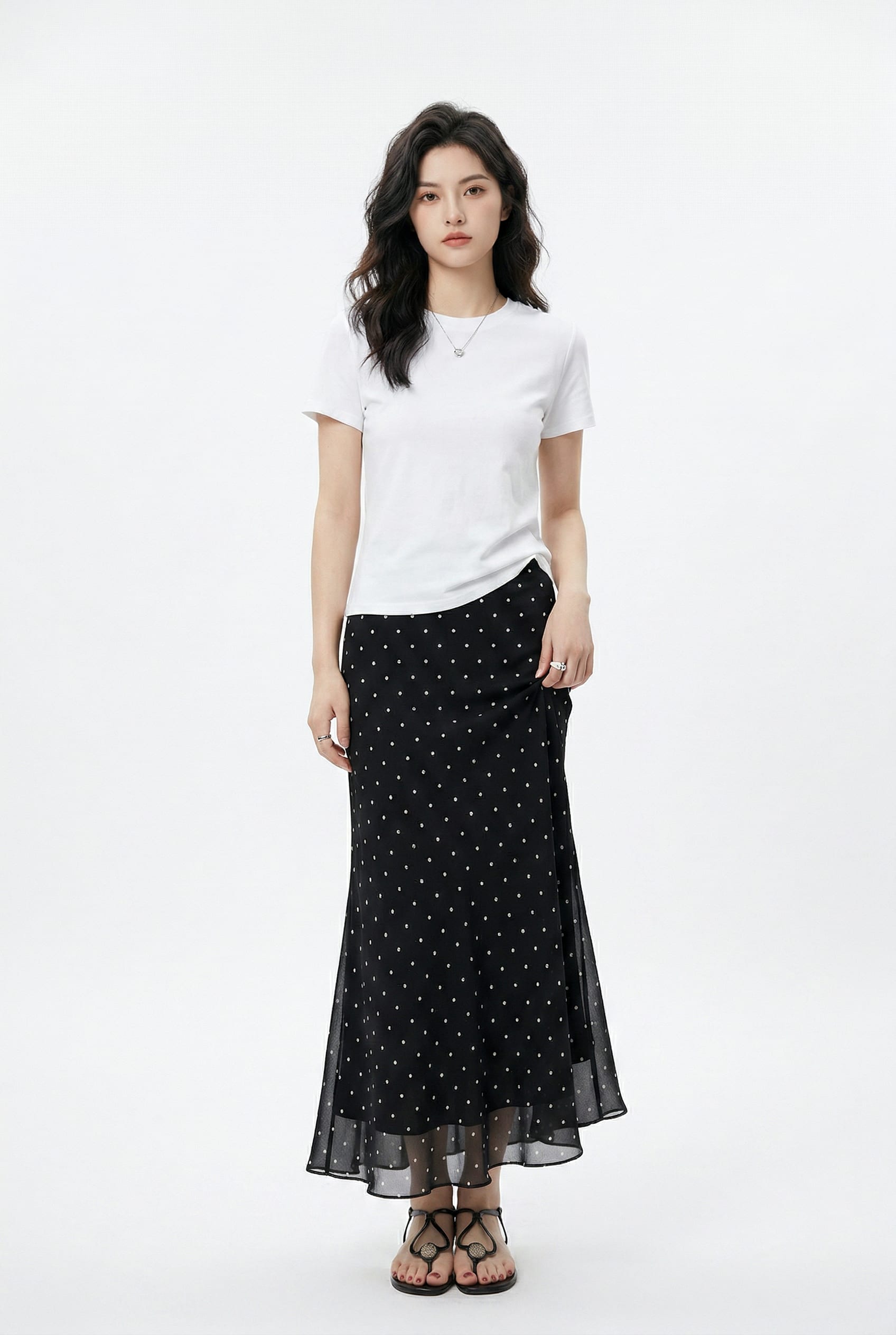 Black Polka Dot Mesh Maxi Skirt