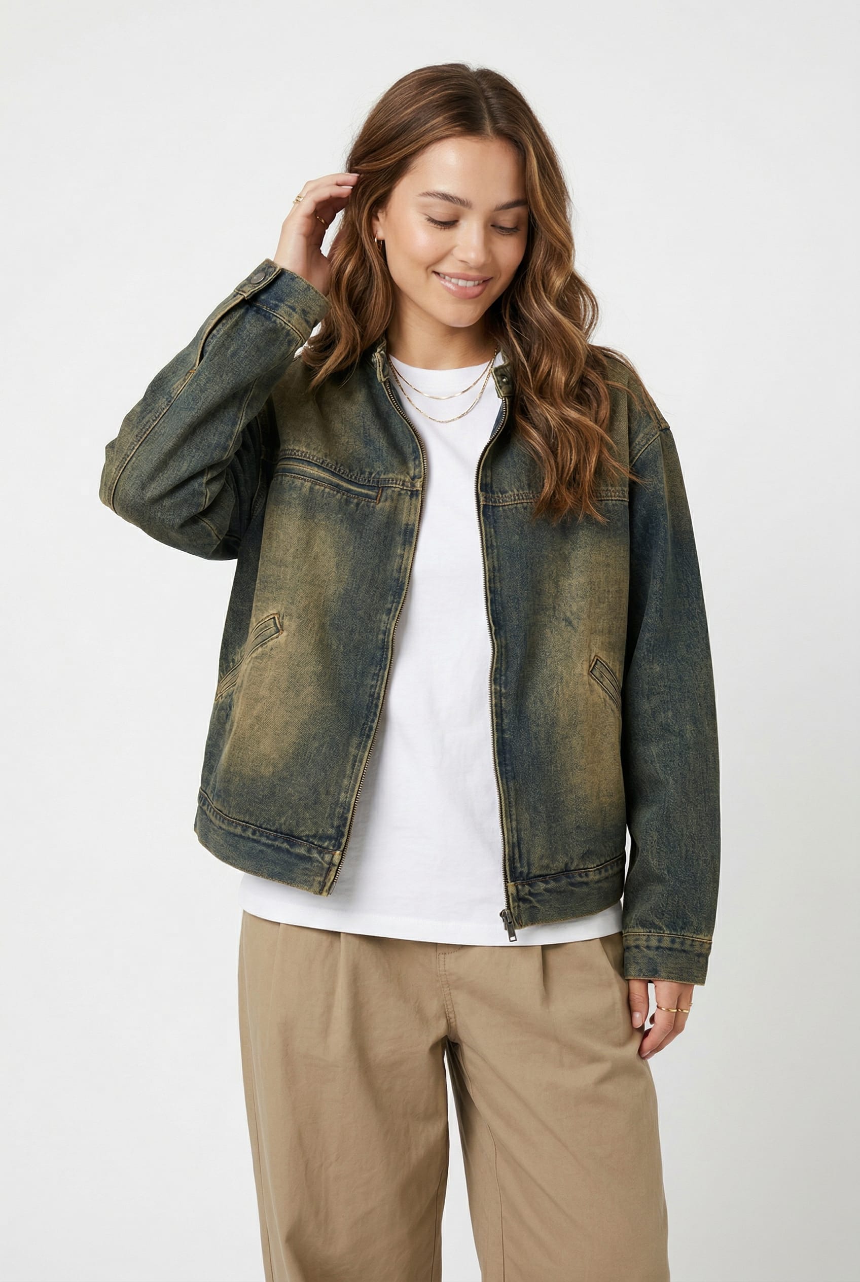 Olive Washed Denim Bomber Jacket