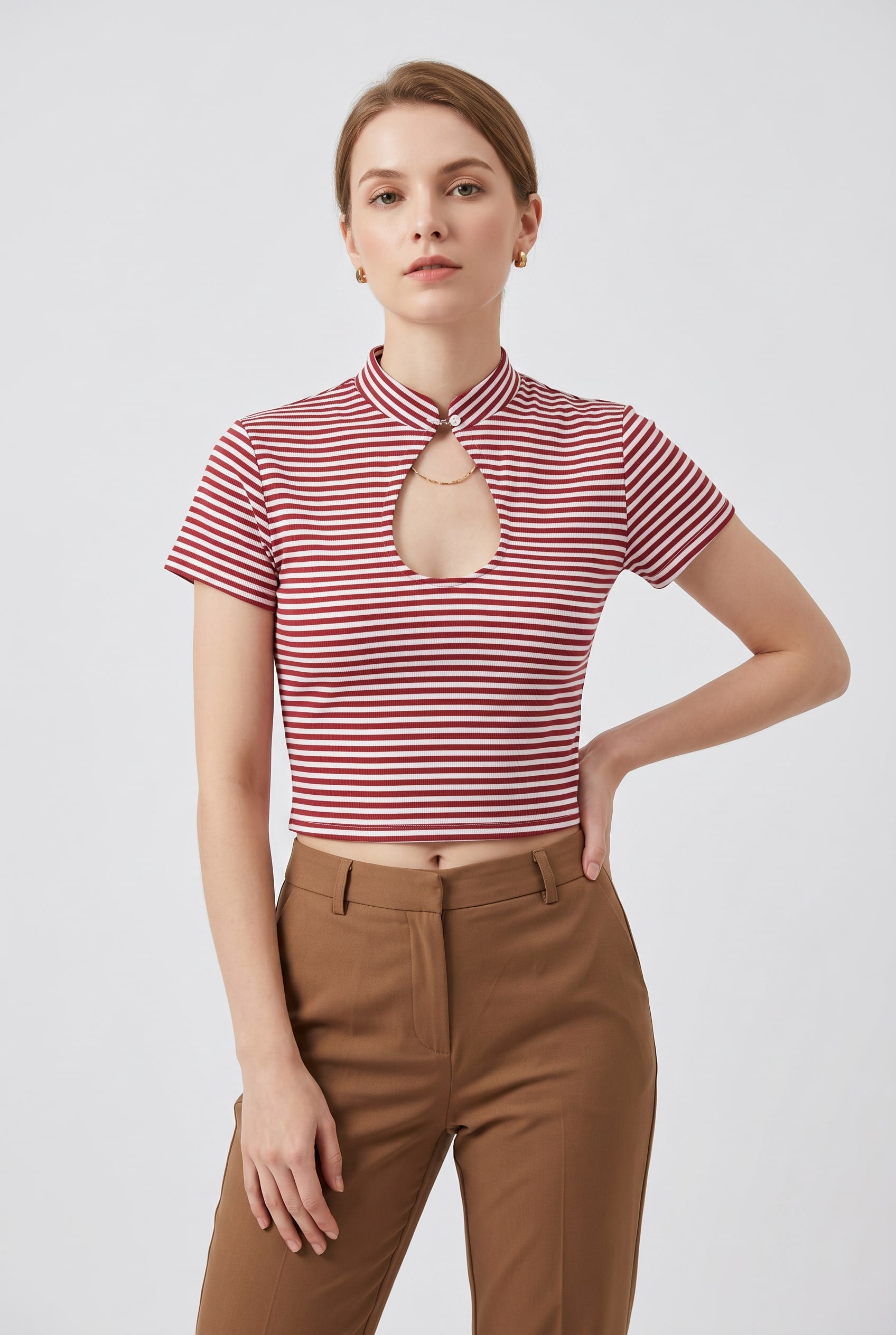 Burgundy Striped Keyhole Collar Crop Top