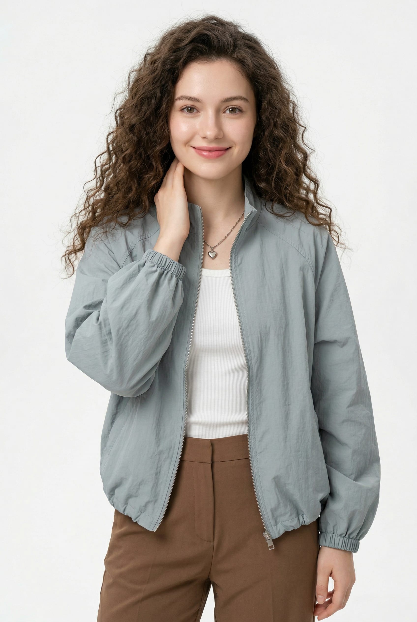 Sage Green Zip-Front Bomber Jacket