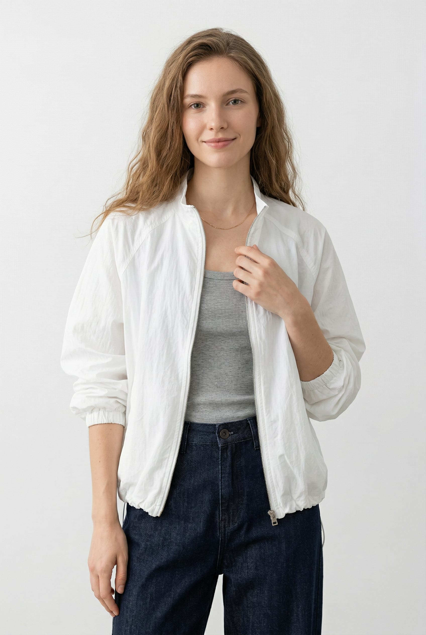 White Lightweight Zip Bomber Jacket