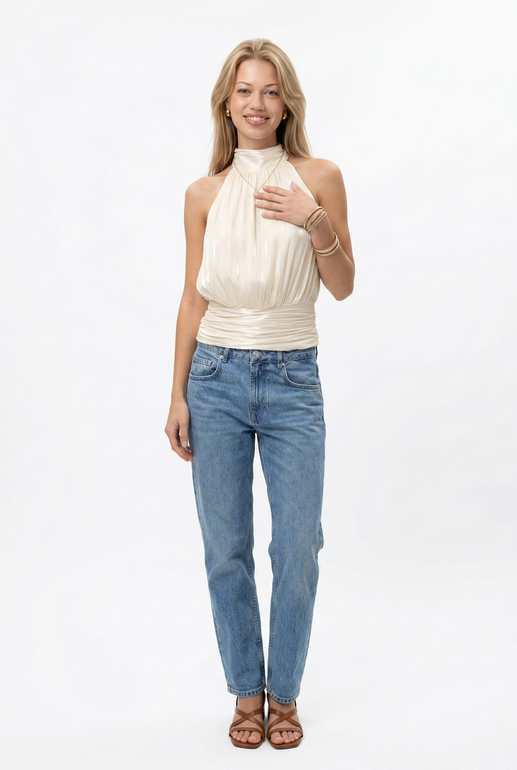 Cream Halter Neck Ruched Top