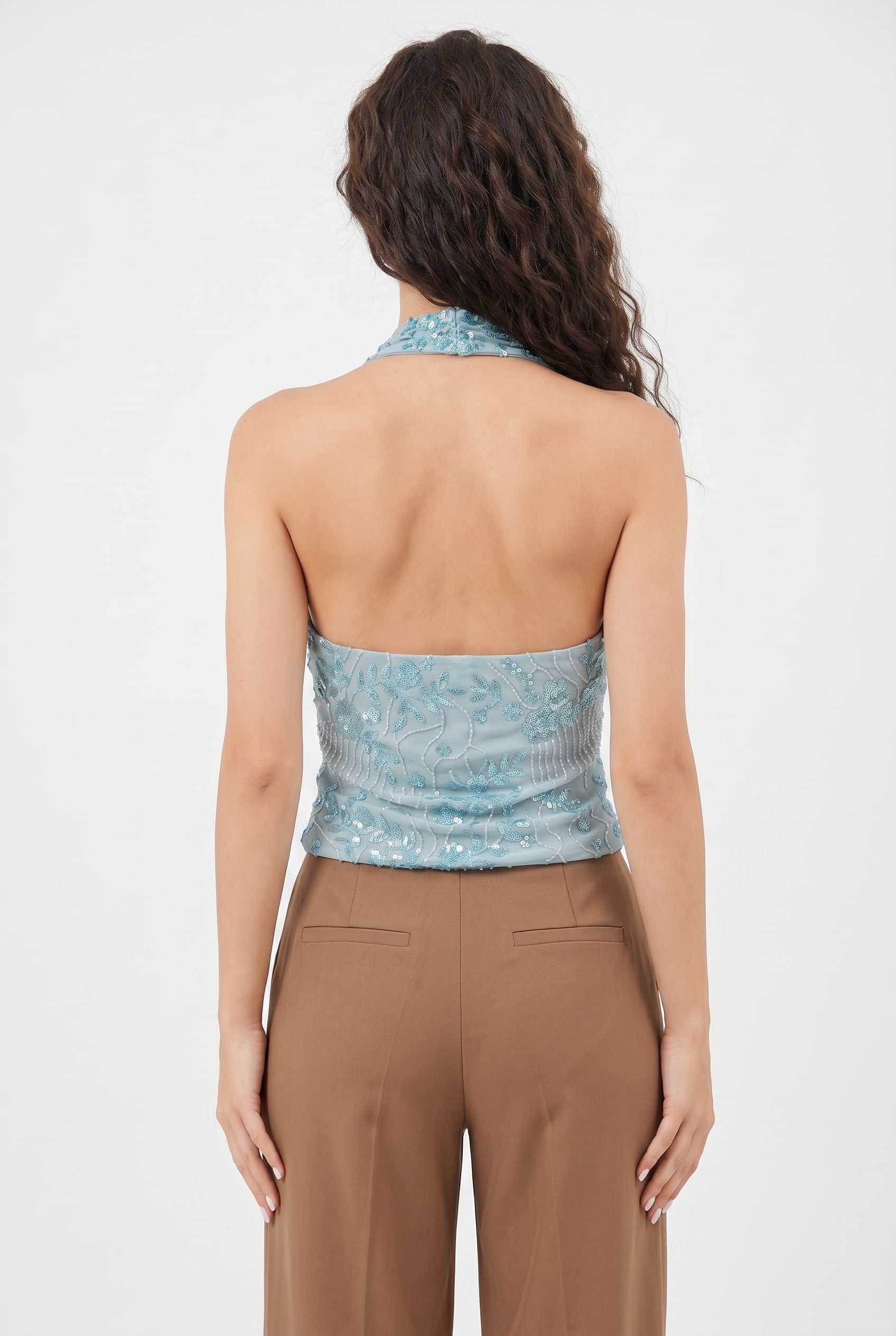 Ice Blue Sequin Halter Cowl Top