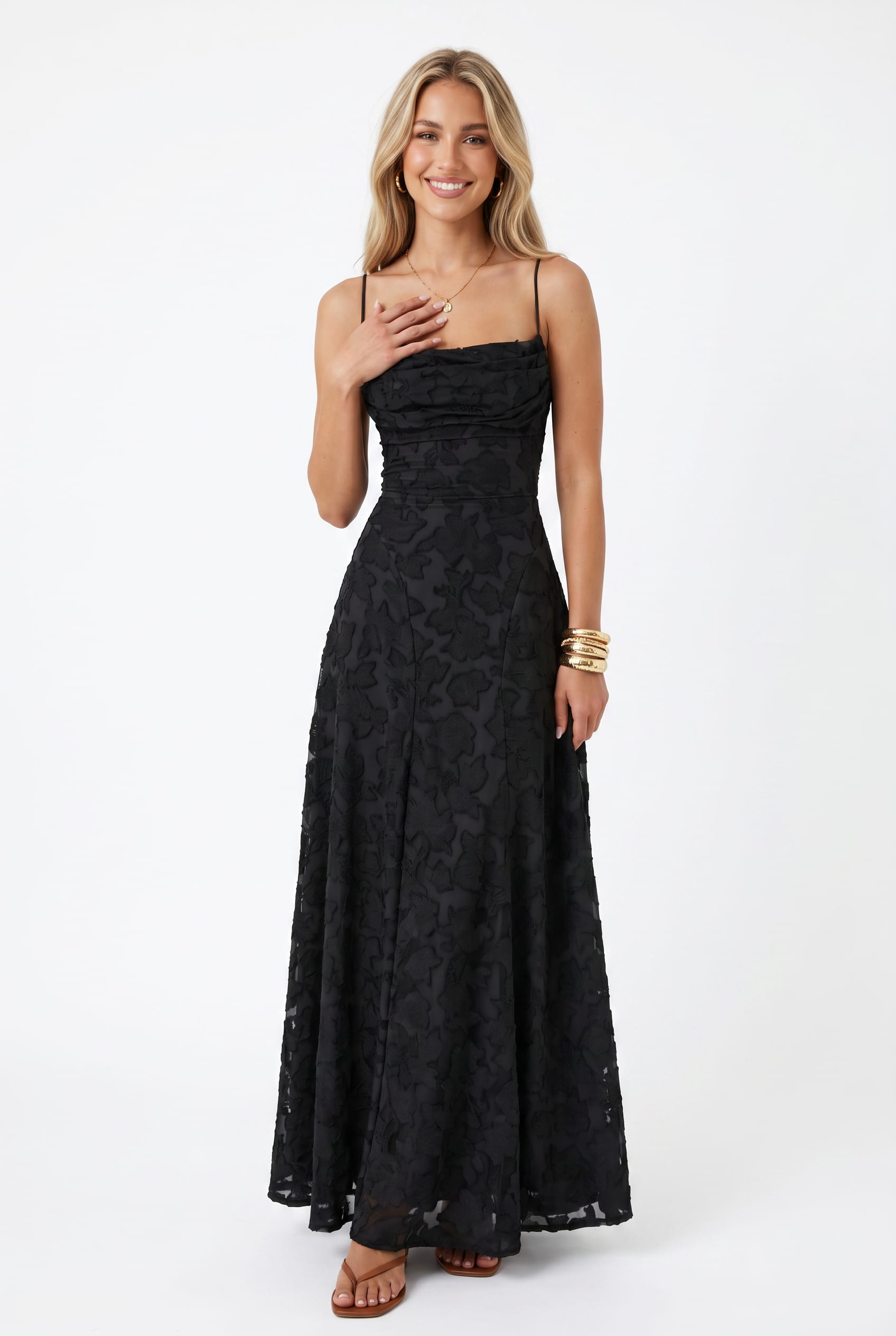 Black Floral Appliqué Maxi Dress