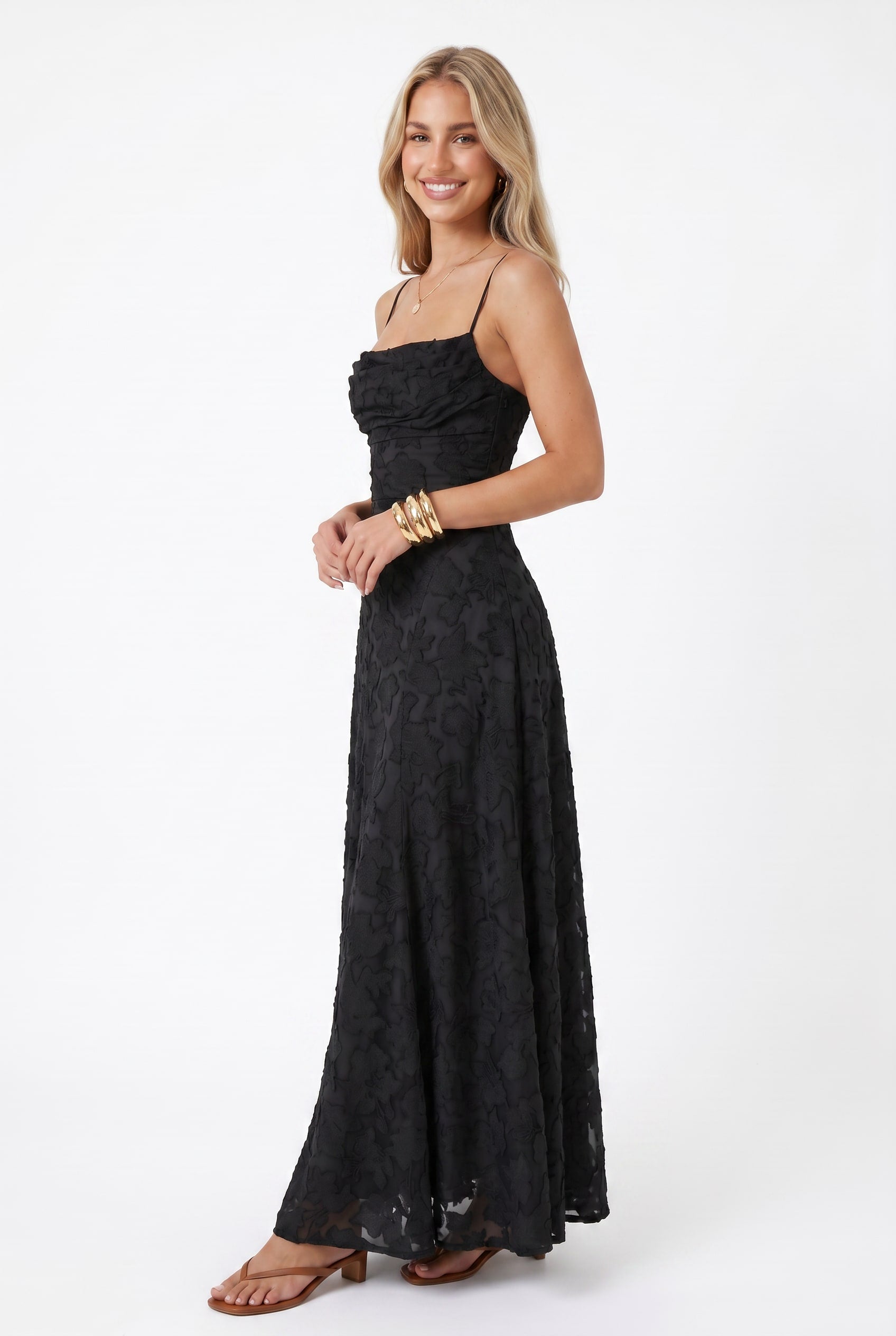 Black Floral Appliqué Maxi Dress