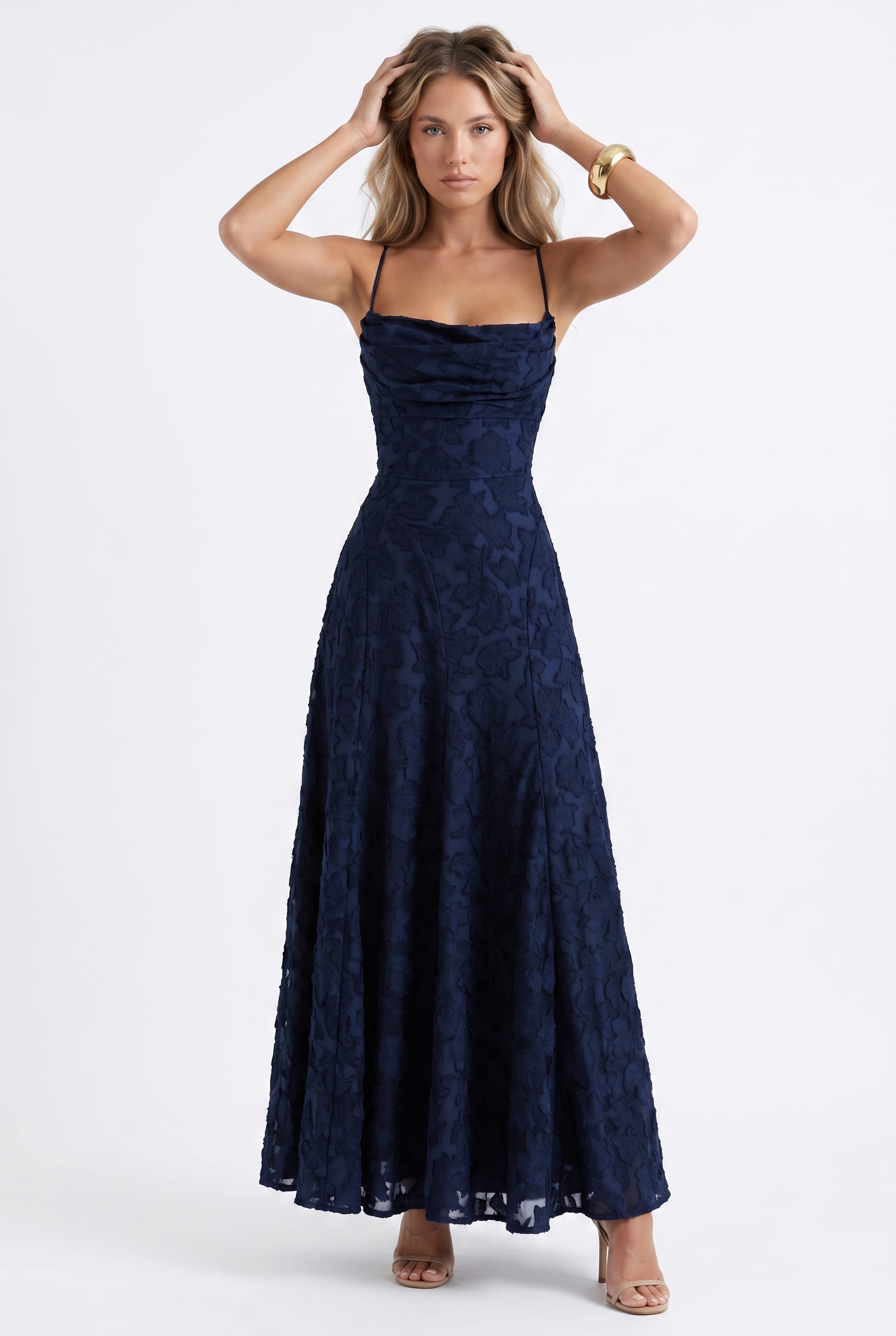 Navy Textured Floral Maxi Dress