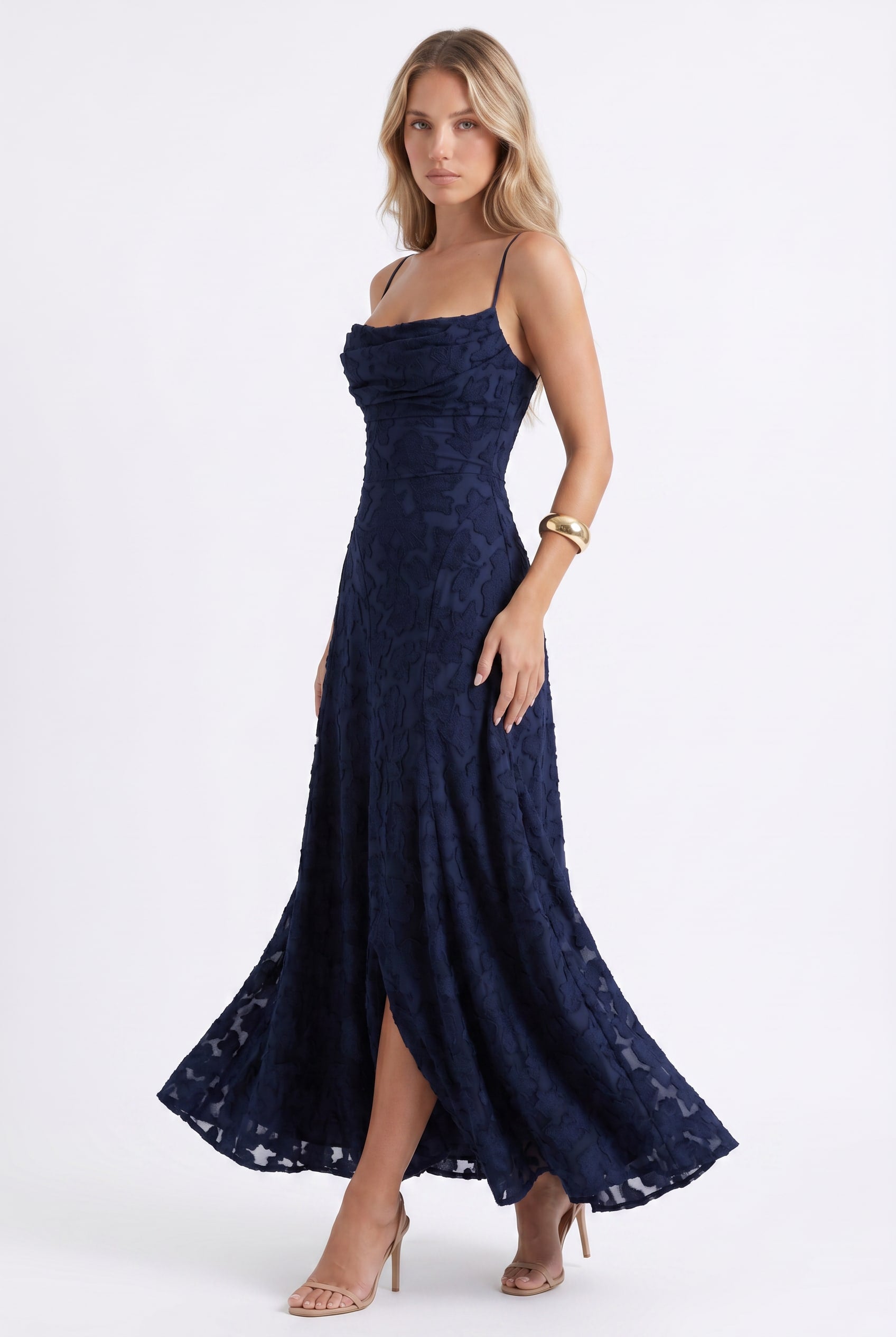 Navy Textured Floral Maxi Dress