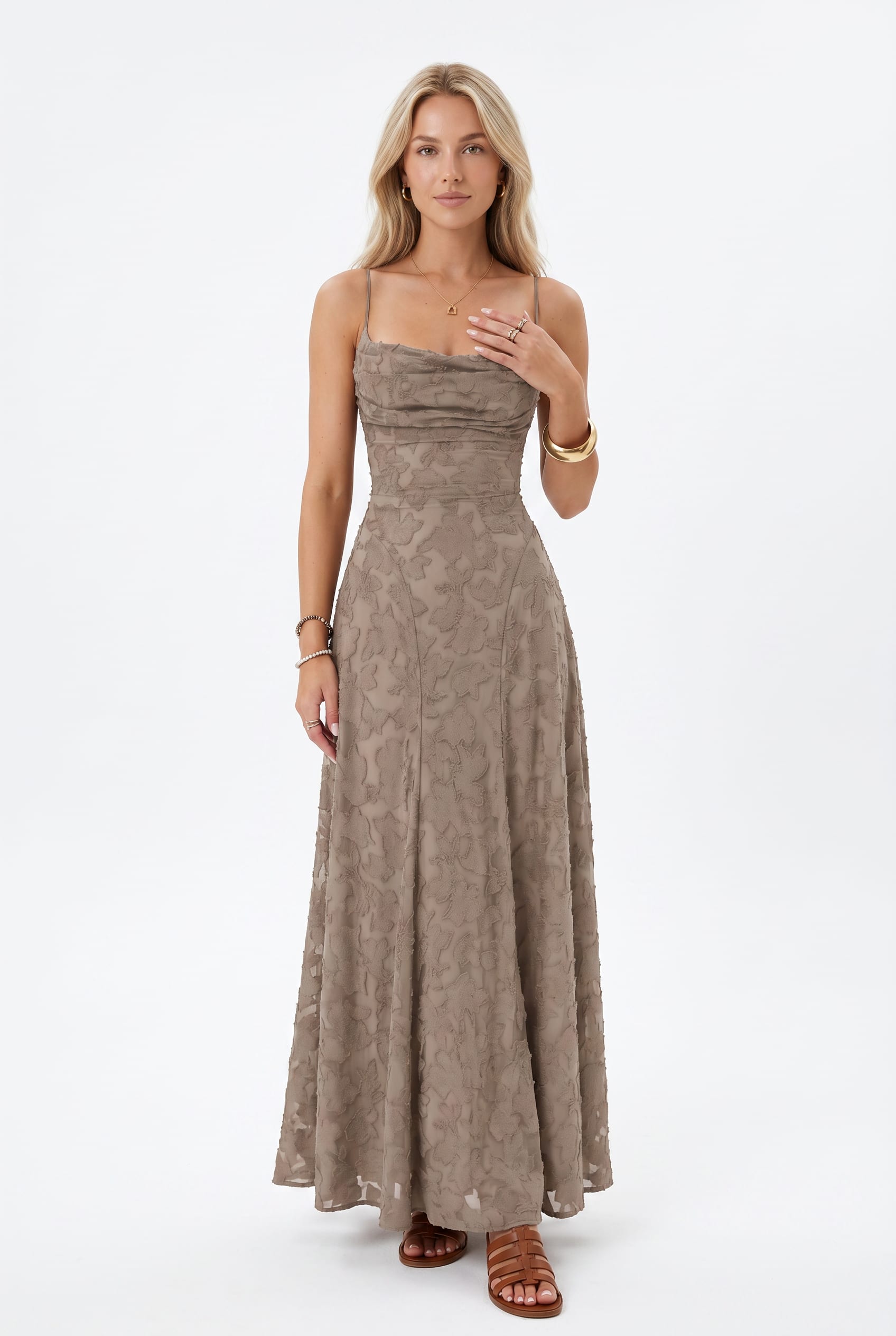 Taupe Floral Jacquard Cowl Maxi Dress