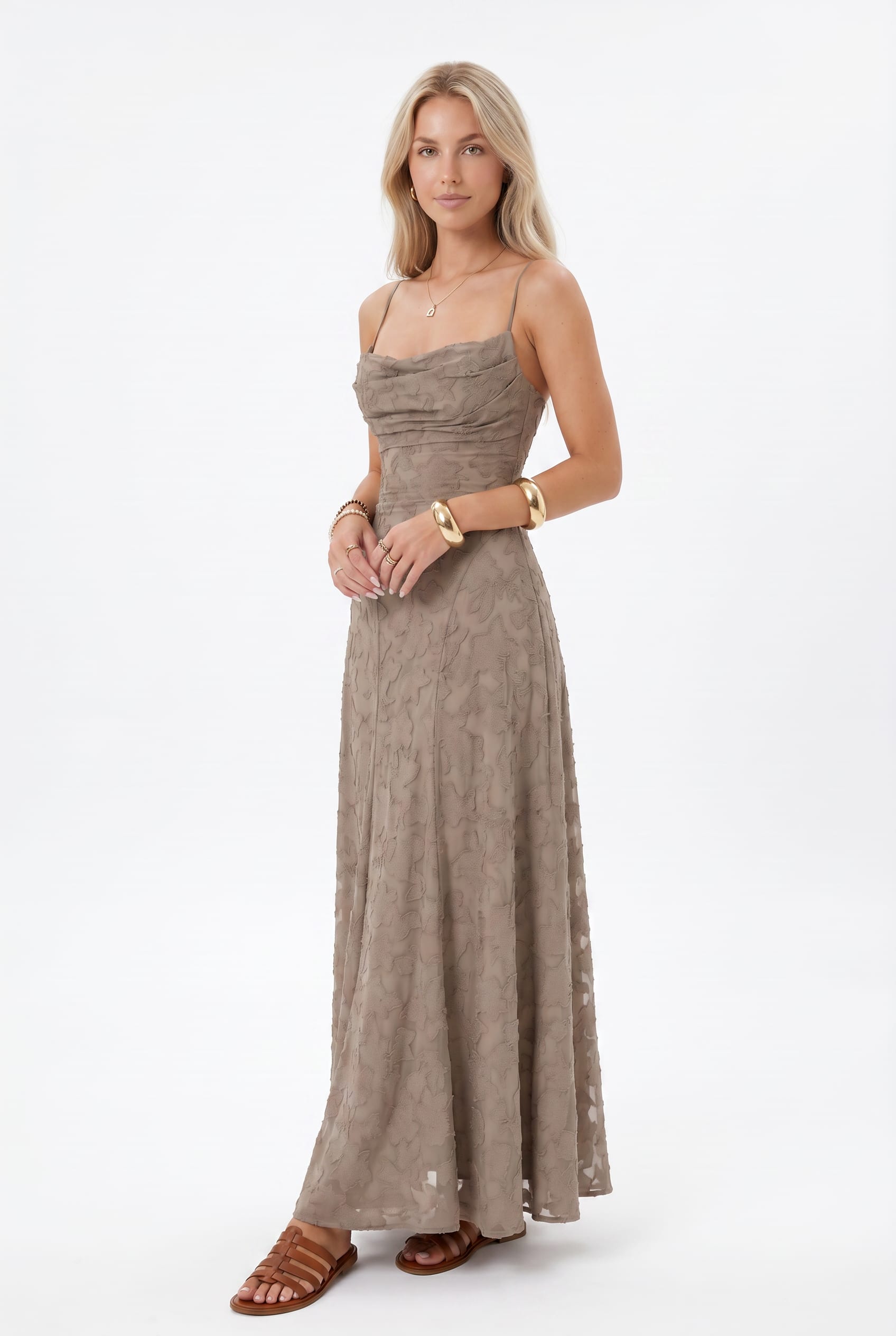Taupe Floral Jacquard Cowl Maxi Dress