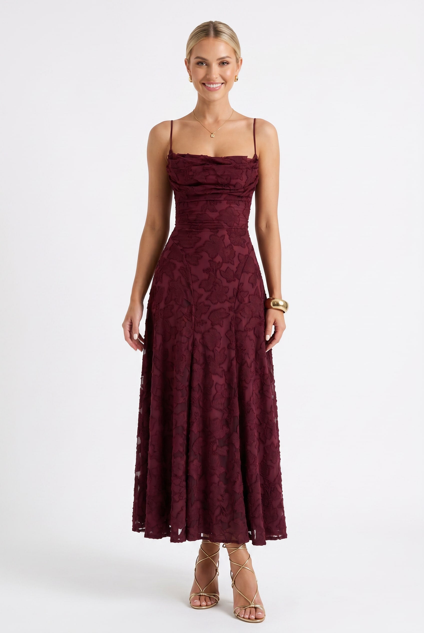 Burgundy Floral Jacquard Maxi Dress