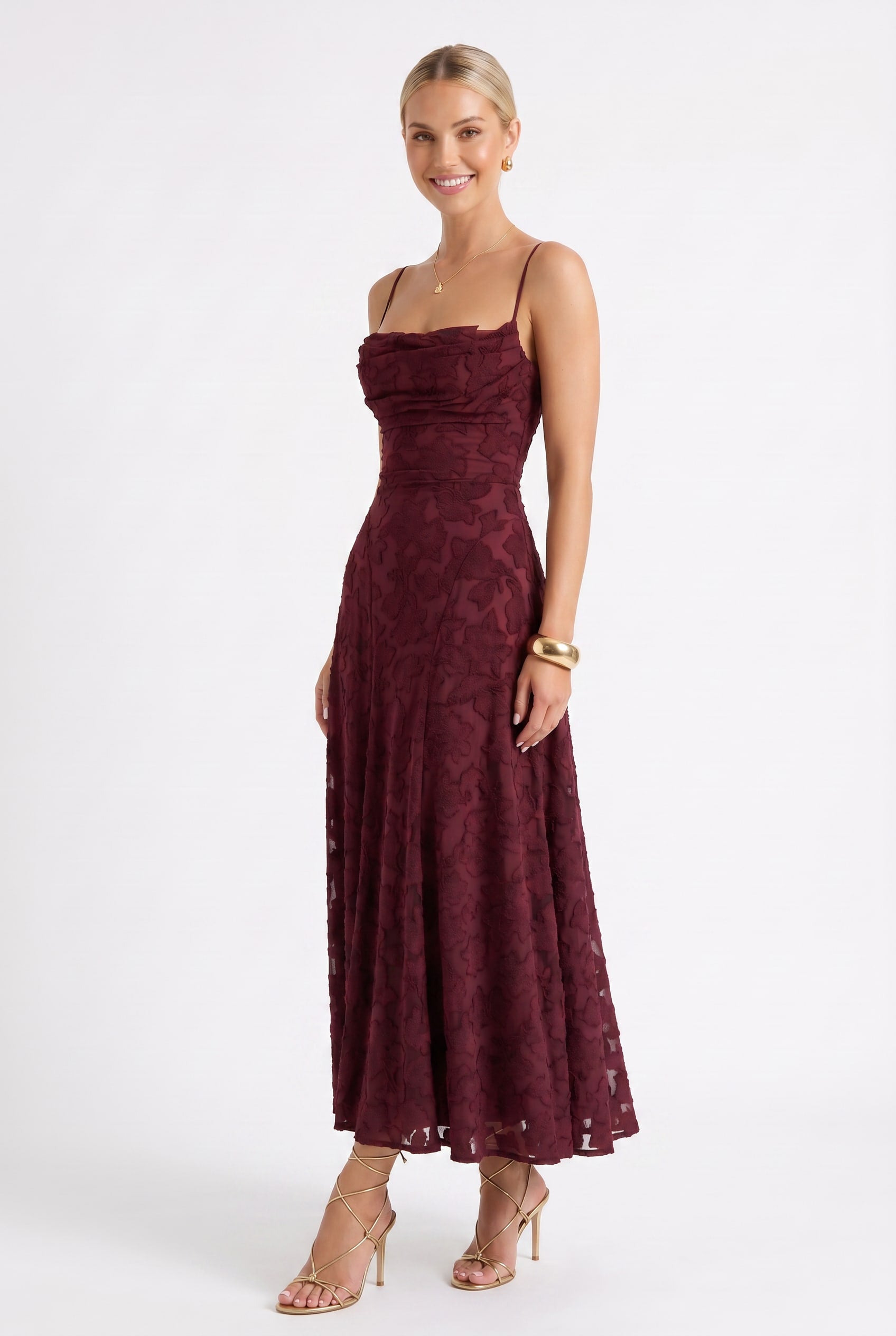 Burgundy Floral Jacquard Maxi Dress