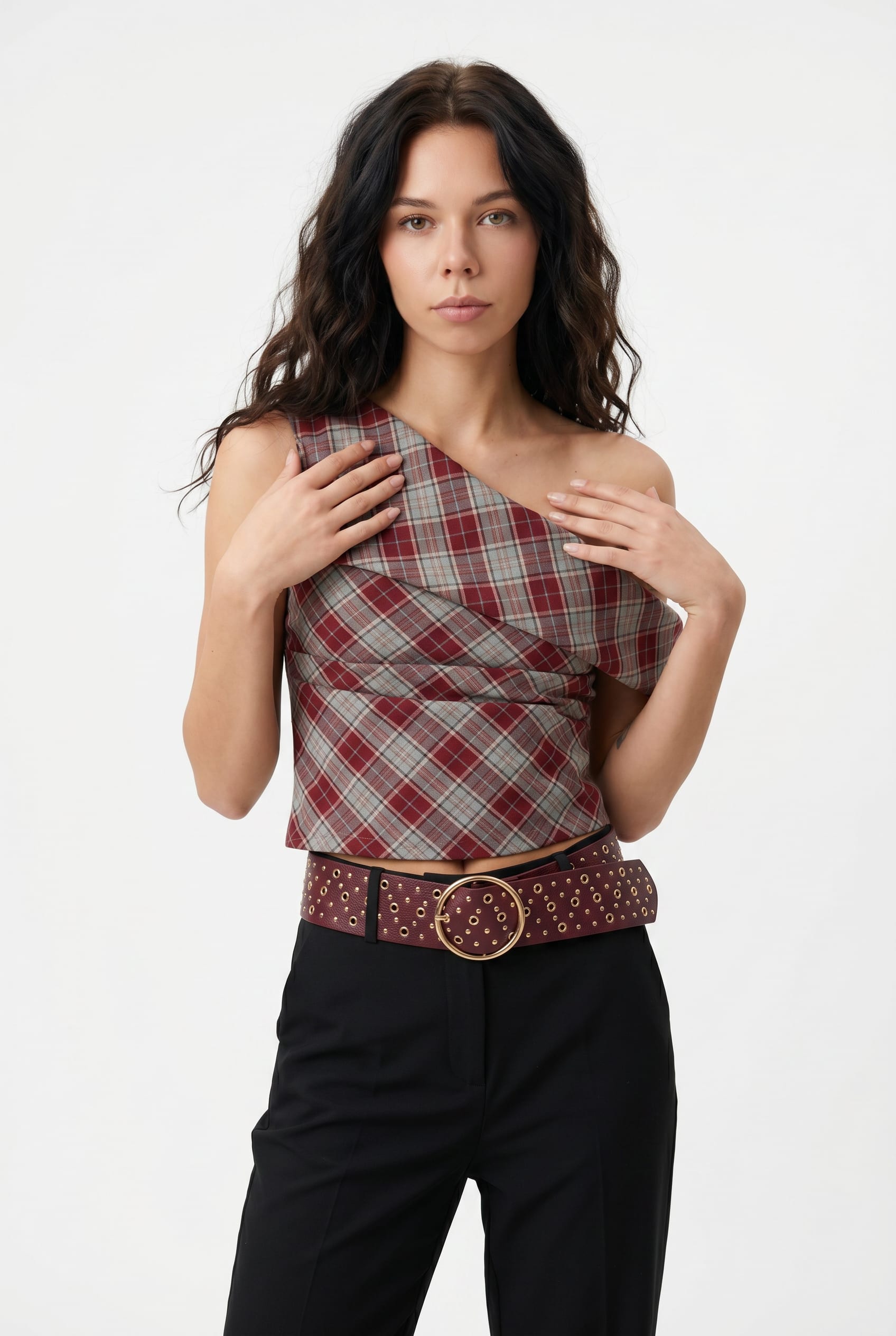 Red Plaid One-Shoulder Draped Top