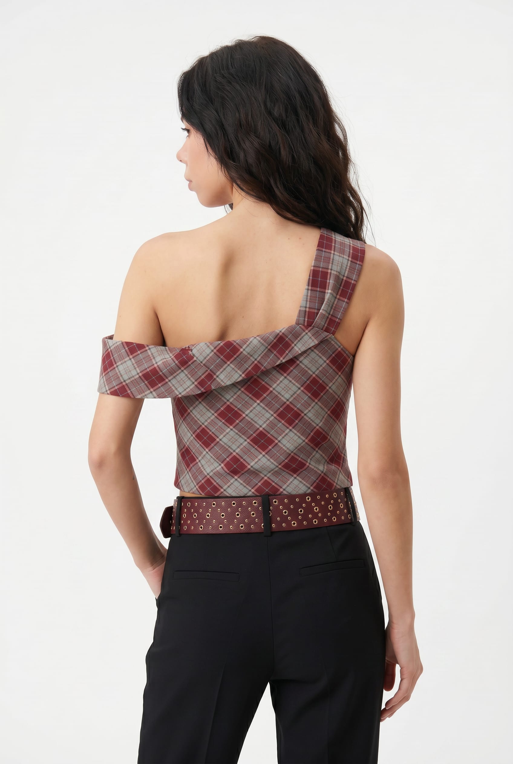 Red Plaid One-Shoulder Draped Top