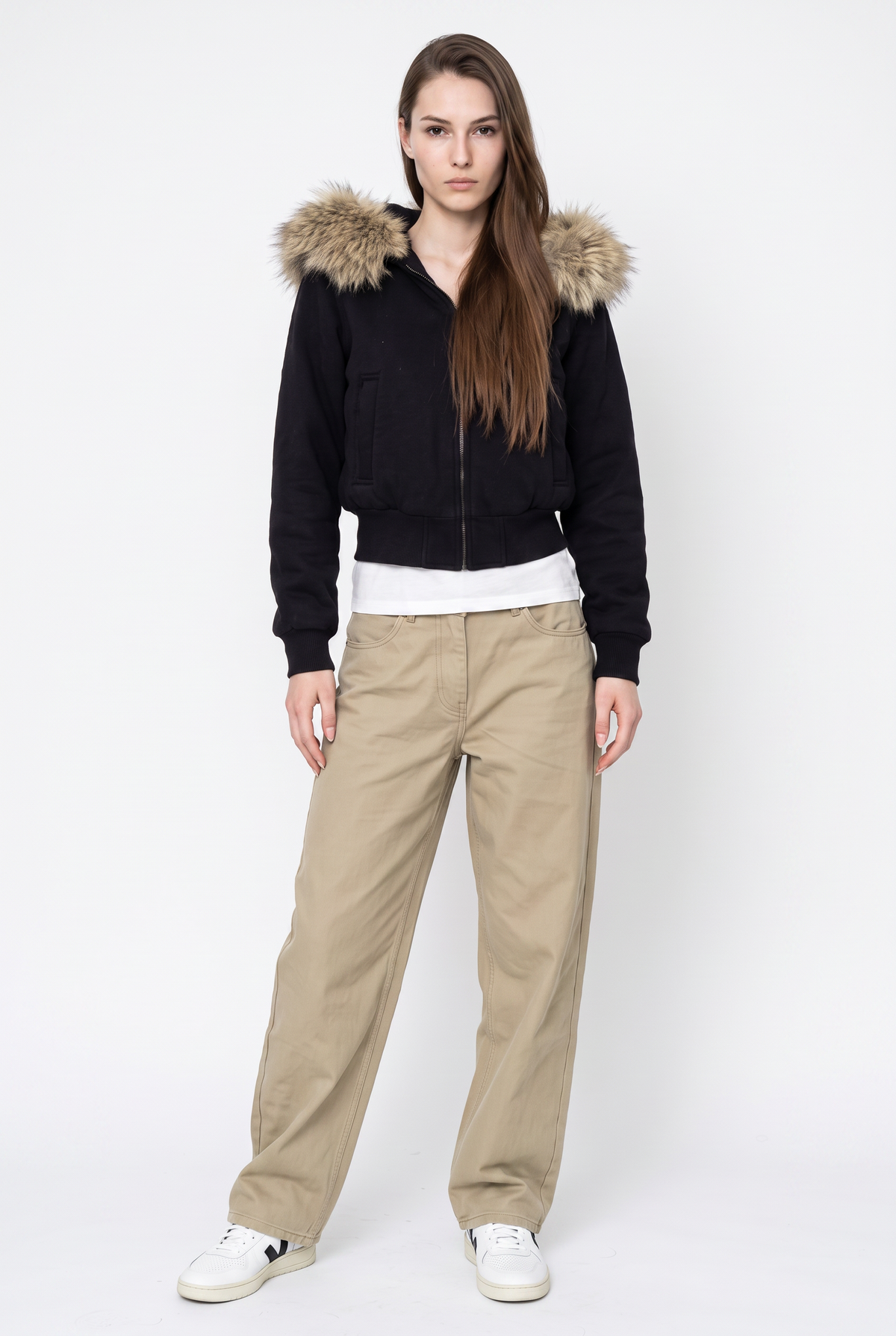 Black Fur Hood Bomber Jacket