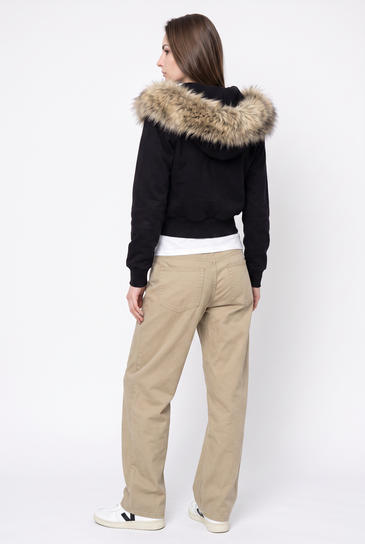 Black Fur Hood Bomber Jacket