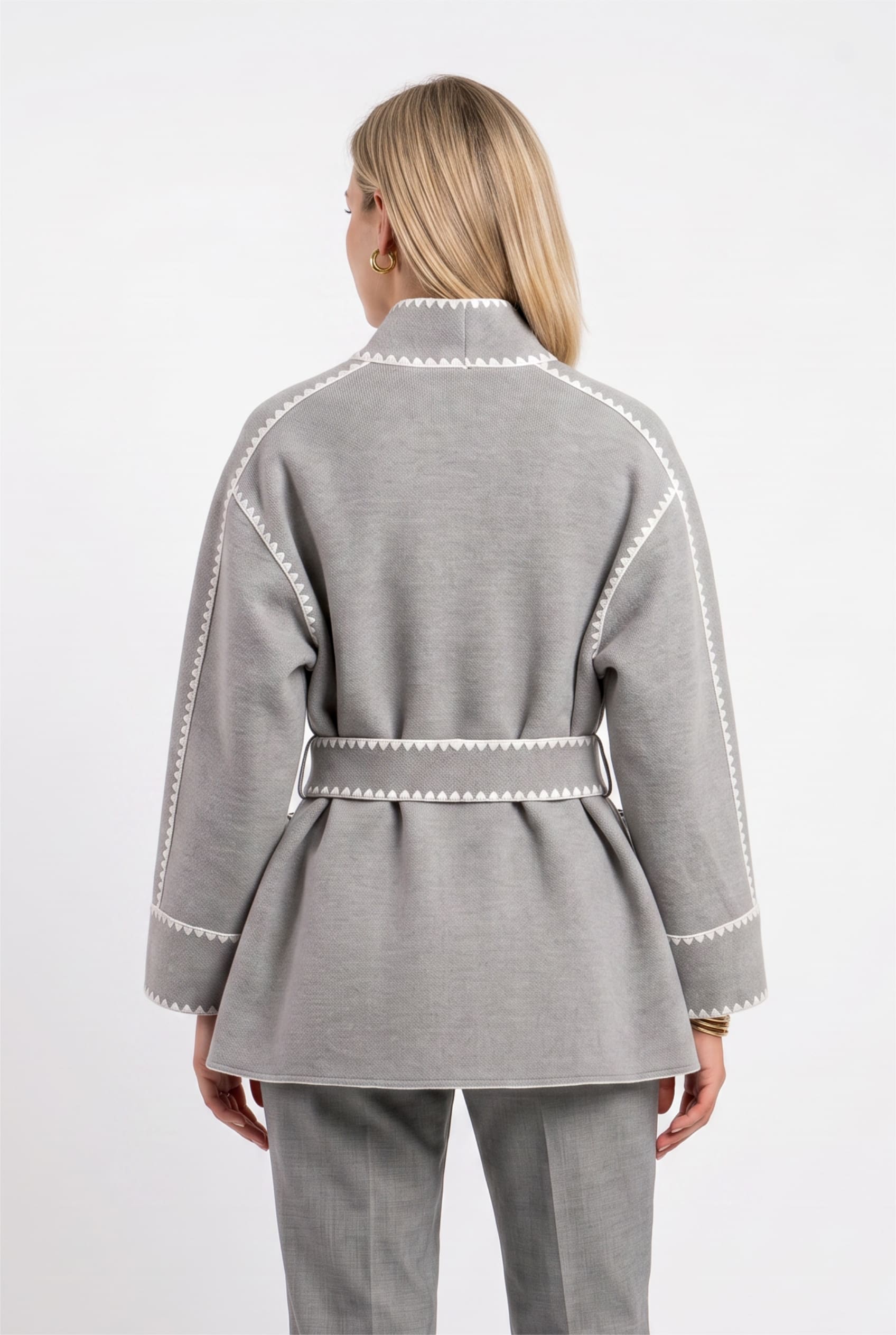 Grey Blanket Stitch Belted Wool Jacket