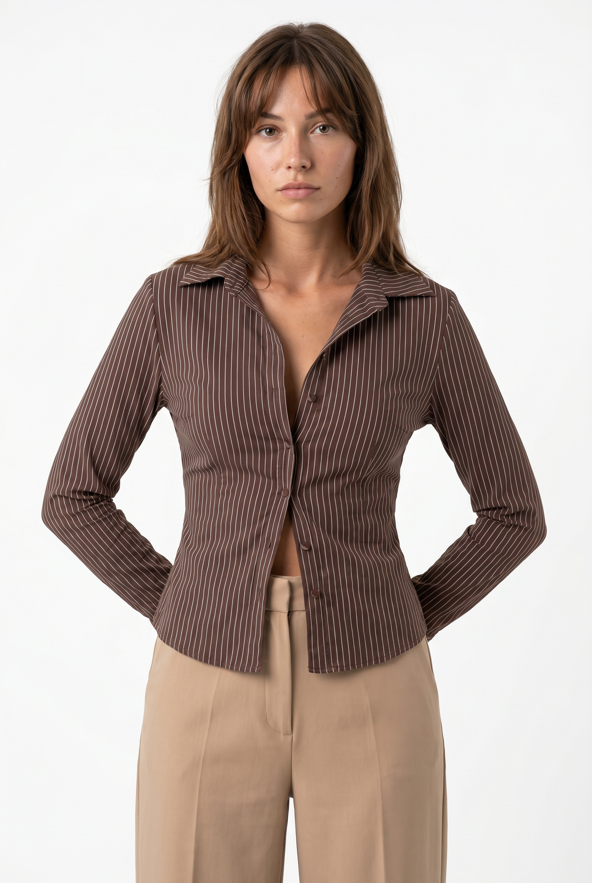 Brown Pinstripe Fitted Button Shirt