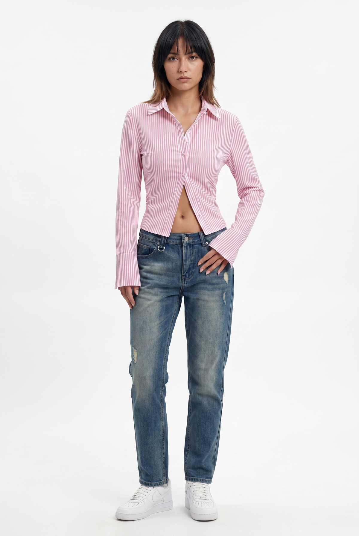 Pink Striped Cropped Button Shirt