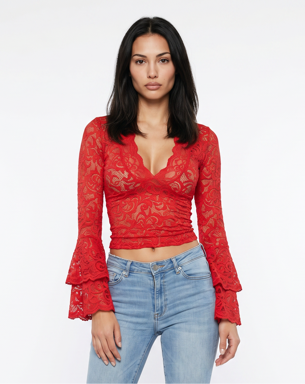 Red Lace Bell Sleeve Blouse