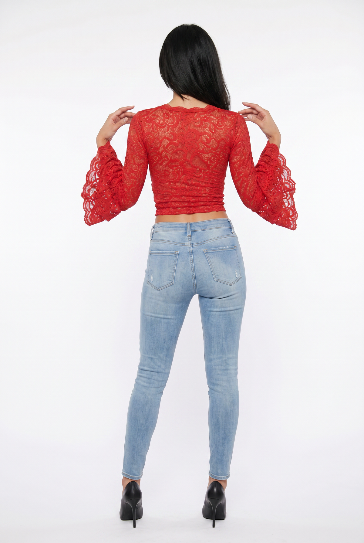 Red Lace Bell Sleeve Blouse