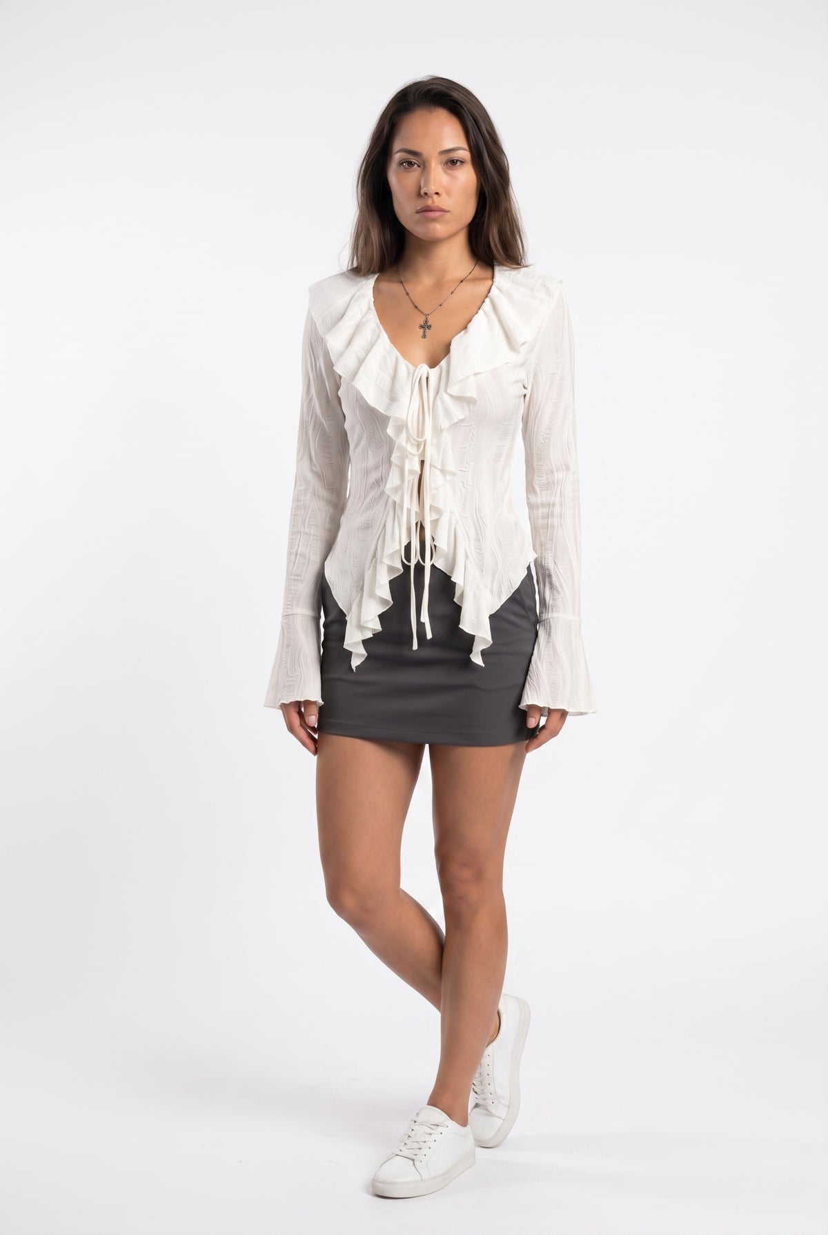 White Ruffled Bell Sleeve Blouse
