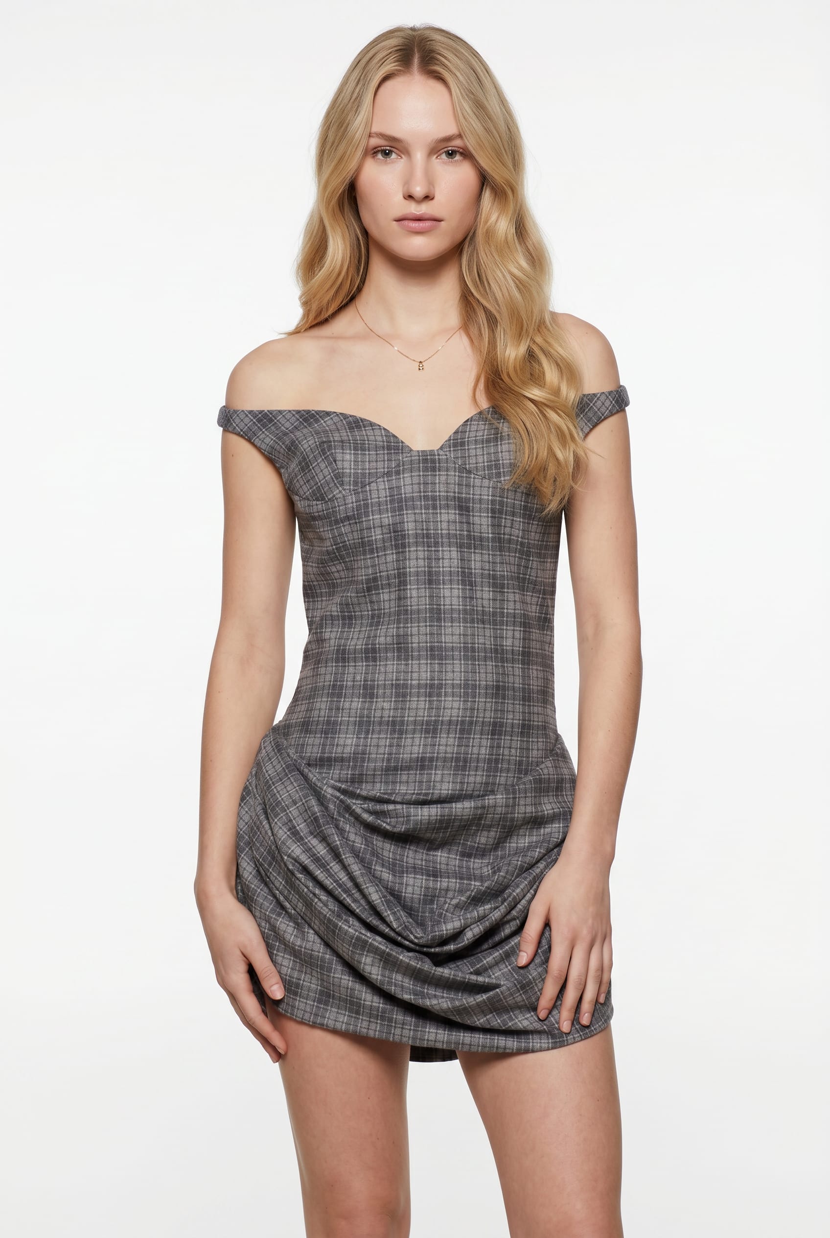 Grey Plaid Off-Shoulder Ruched Dress