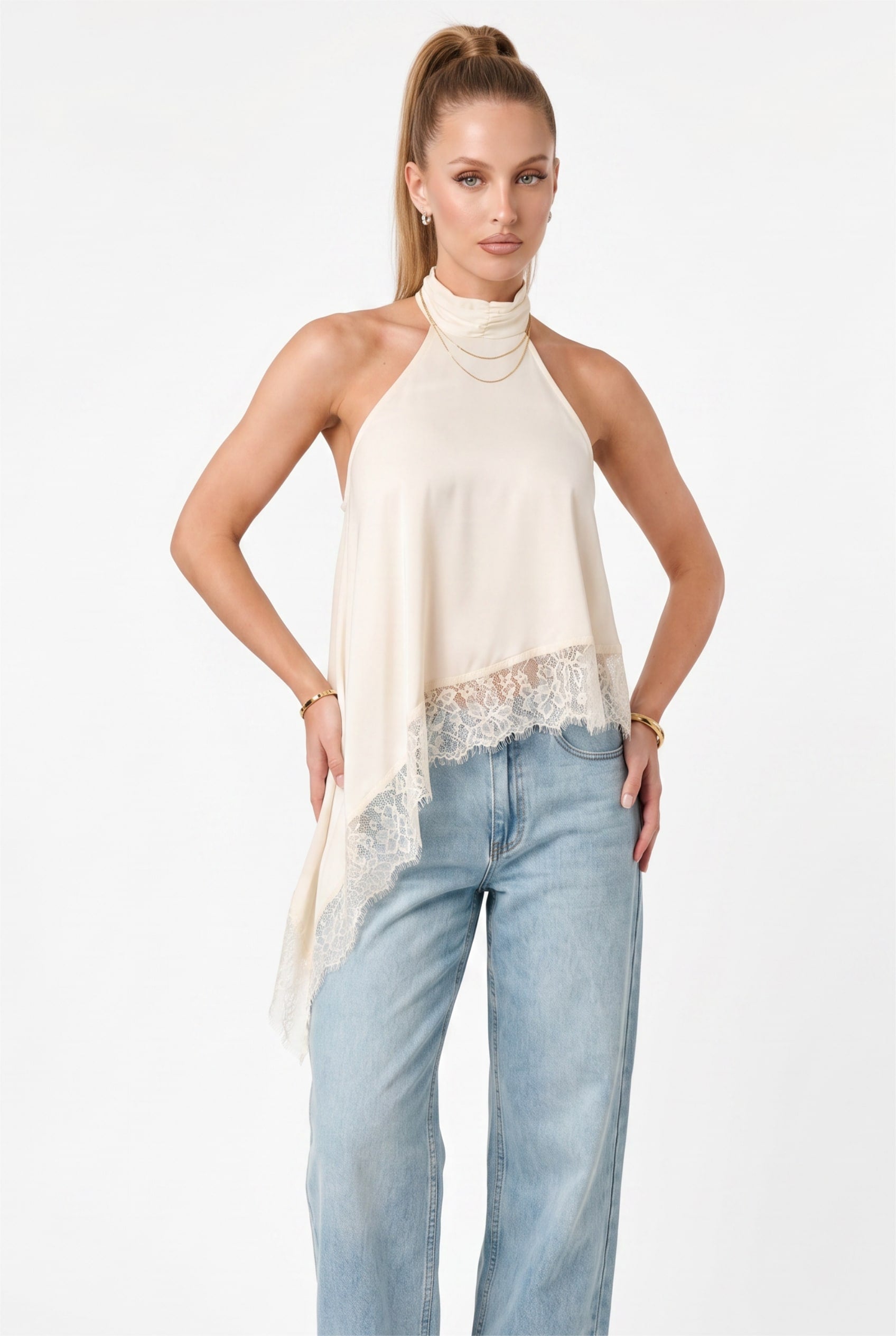 Cream Halter Neck Asymmetric Lace Top
