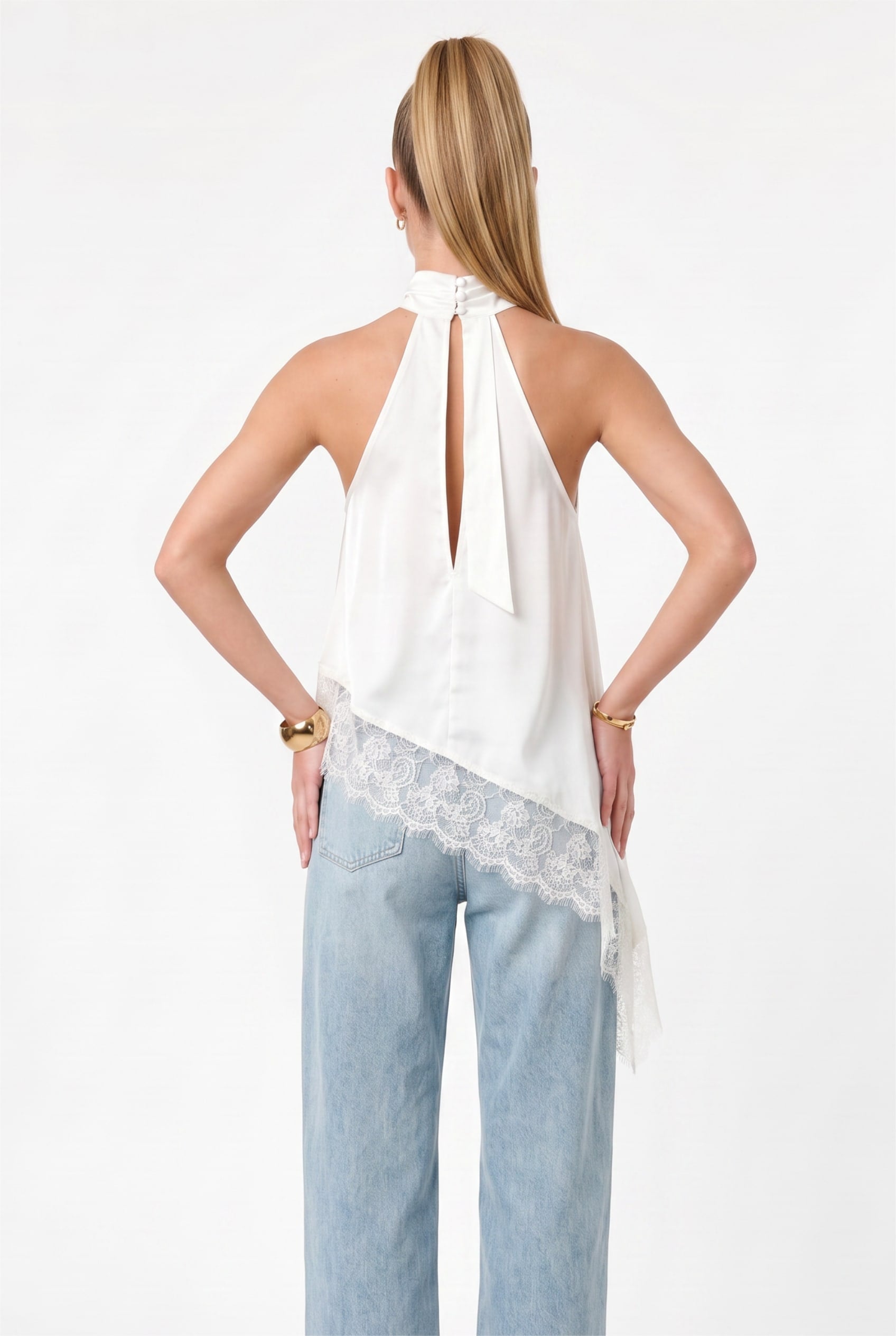 Cream Halter Neck Asymmetric Lace Top