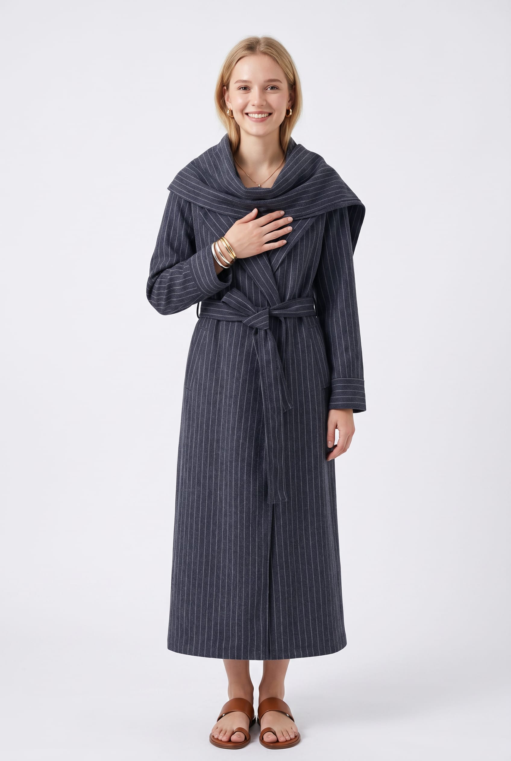 Navy Pinstripe Belted Shawl Collar Robe