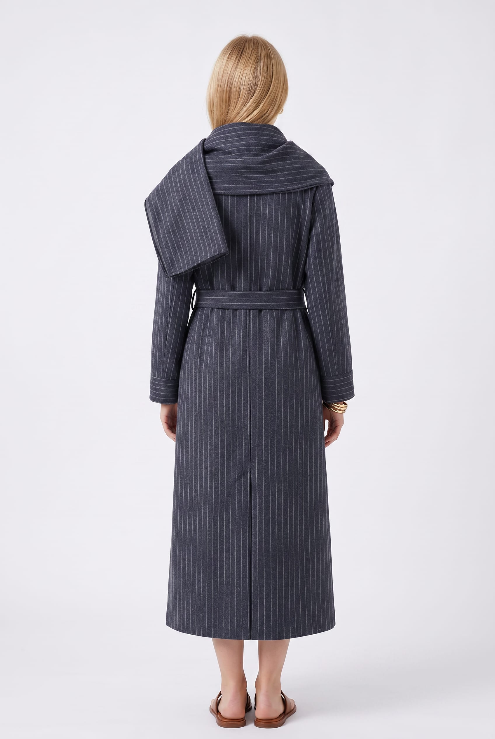 Navy Pinstripe Belted Shawl Collar Robe