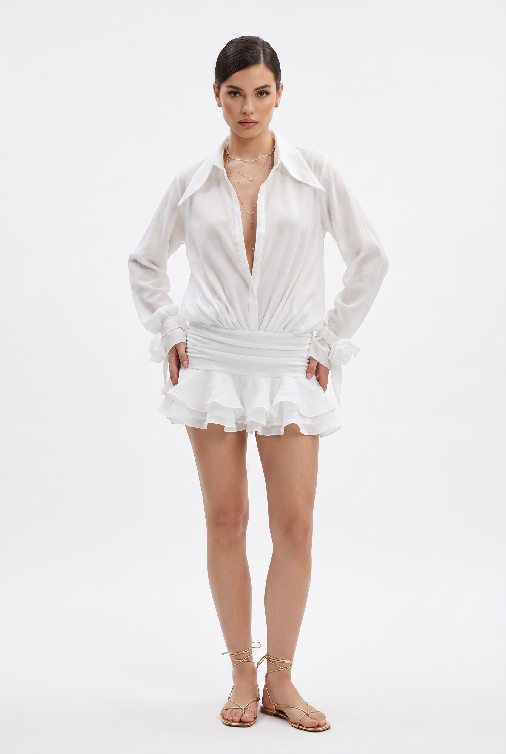 White Ruched Waist Shirt Mini Dress