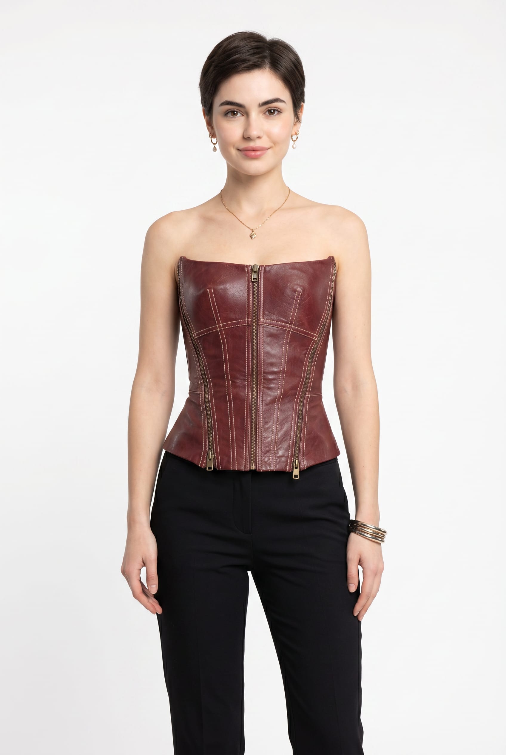 Burgundy Leather Boned Corset Top