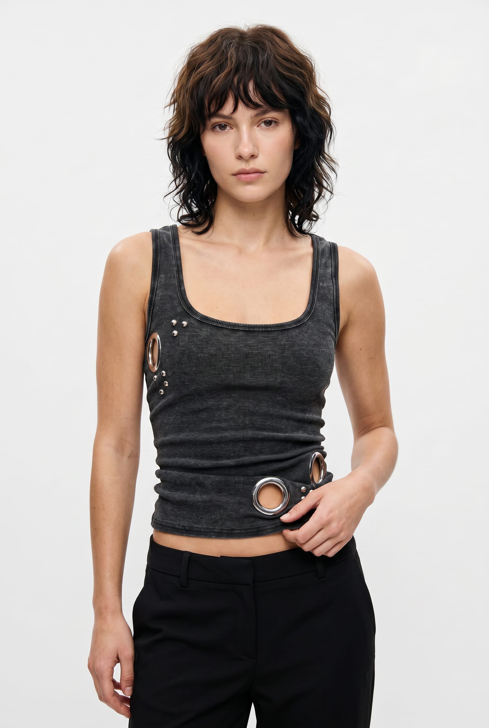 Charcoal Ribbed Tank With Grommet Detail