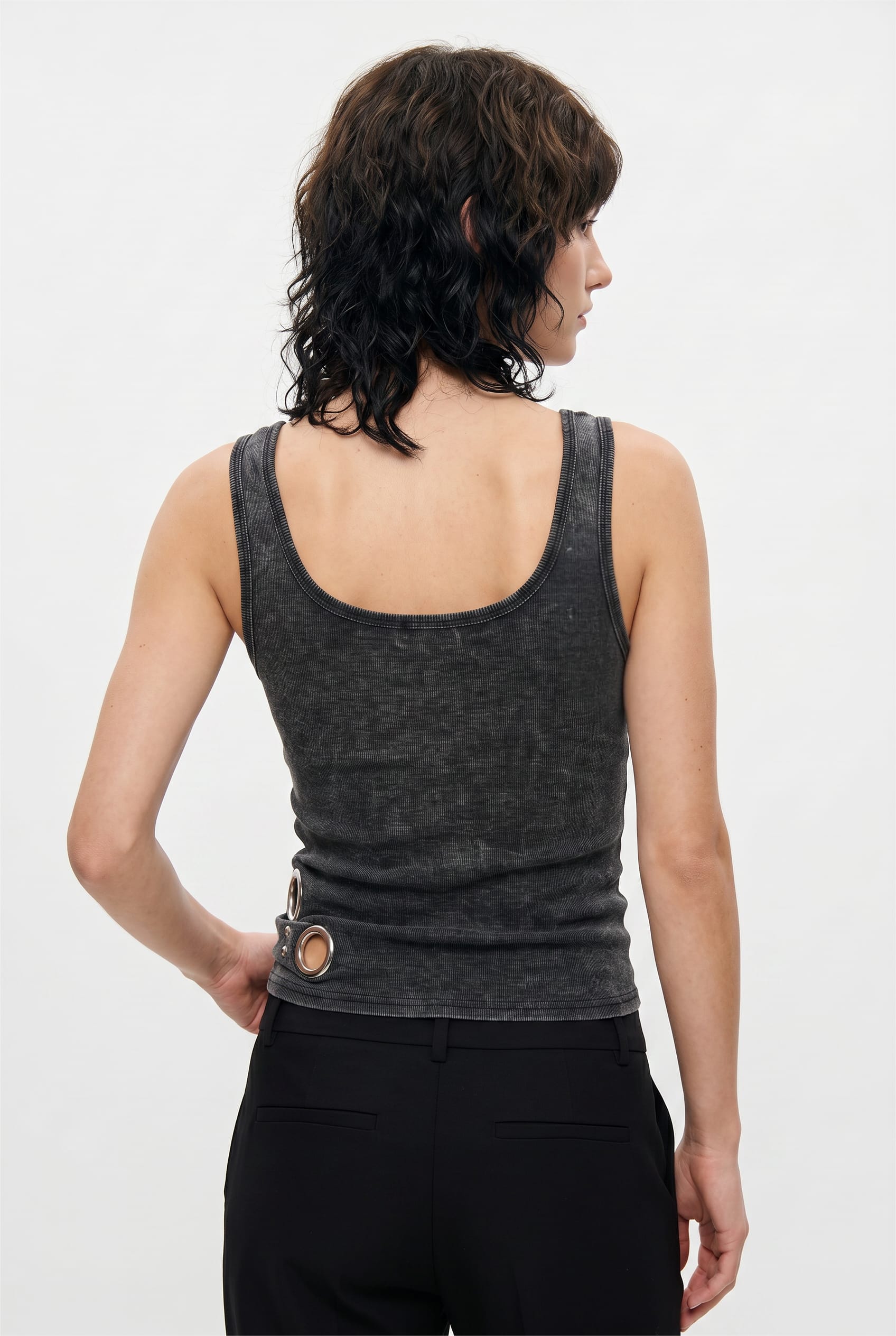 Charcoal Ribbed Tank With Grommet Detail