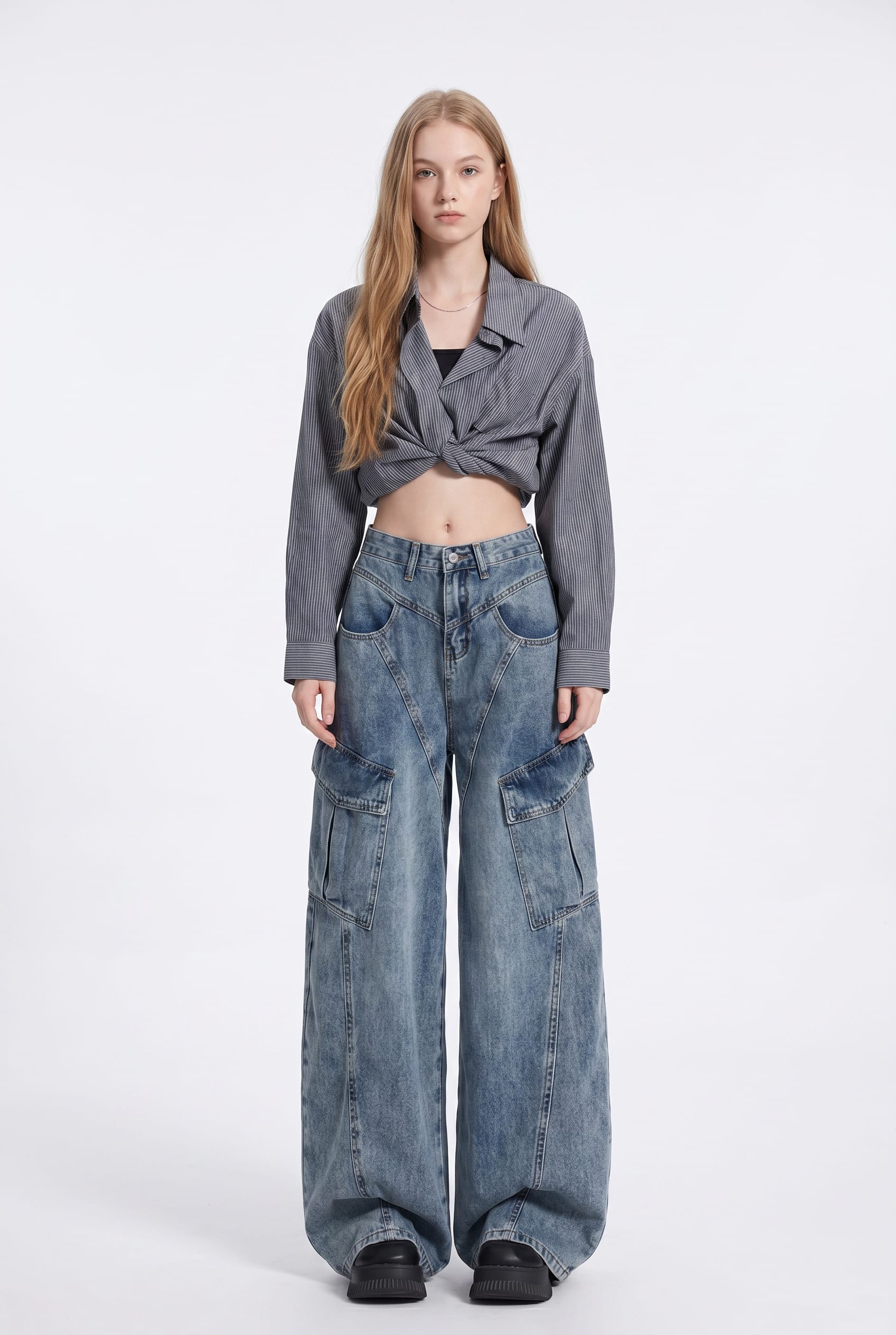 Acid Wash Wide-Leg Cargo Denim Jeans
