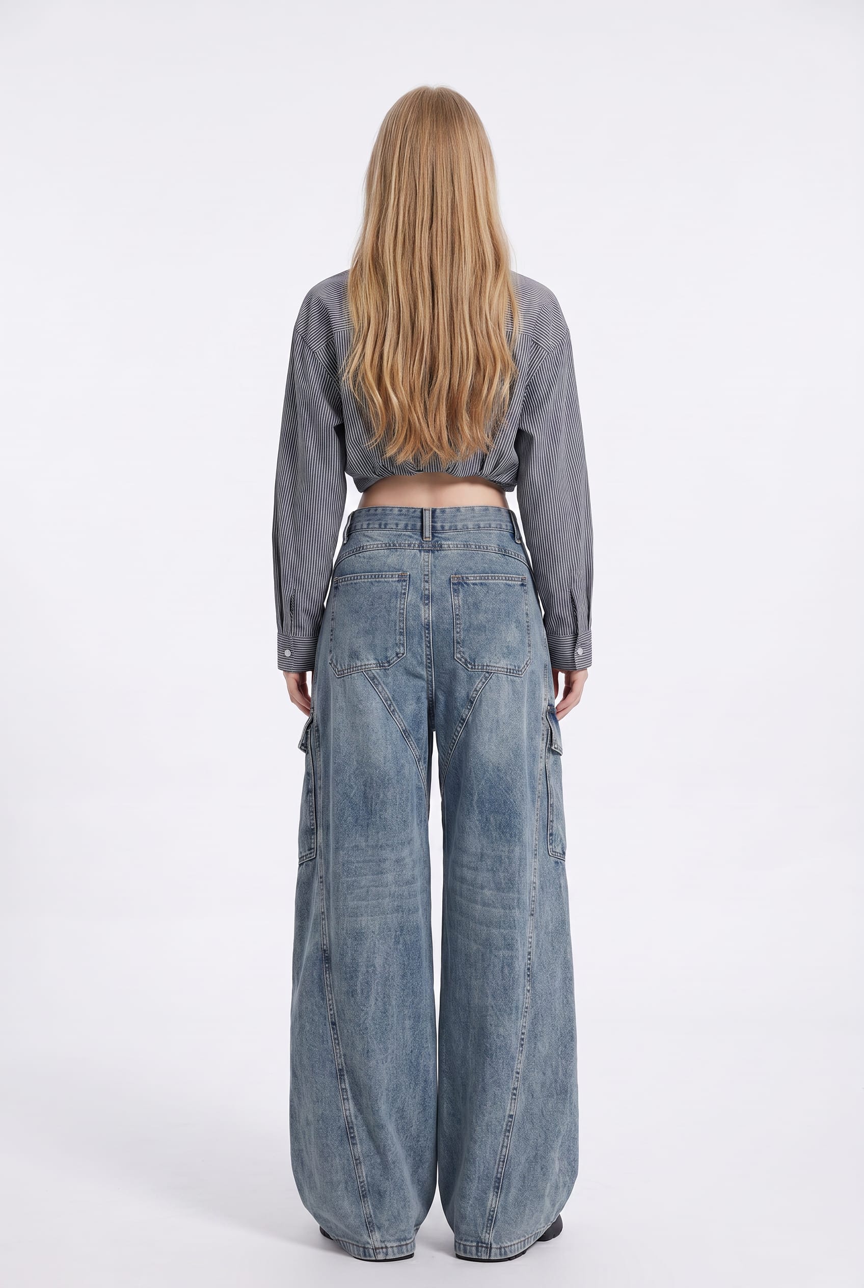Acid Wash Wide-Leg Cargo Denim Jeans