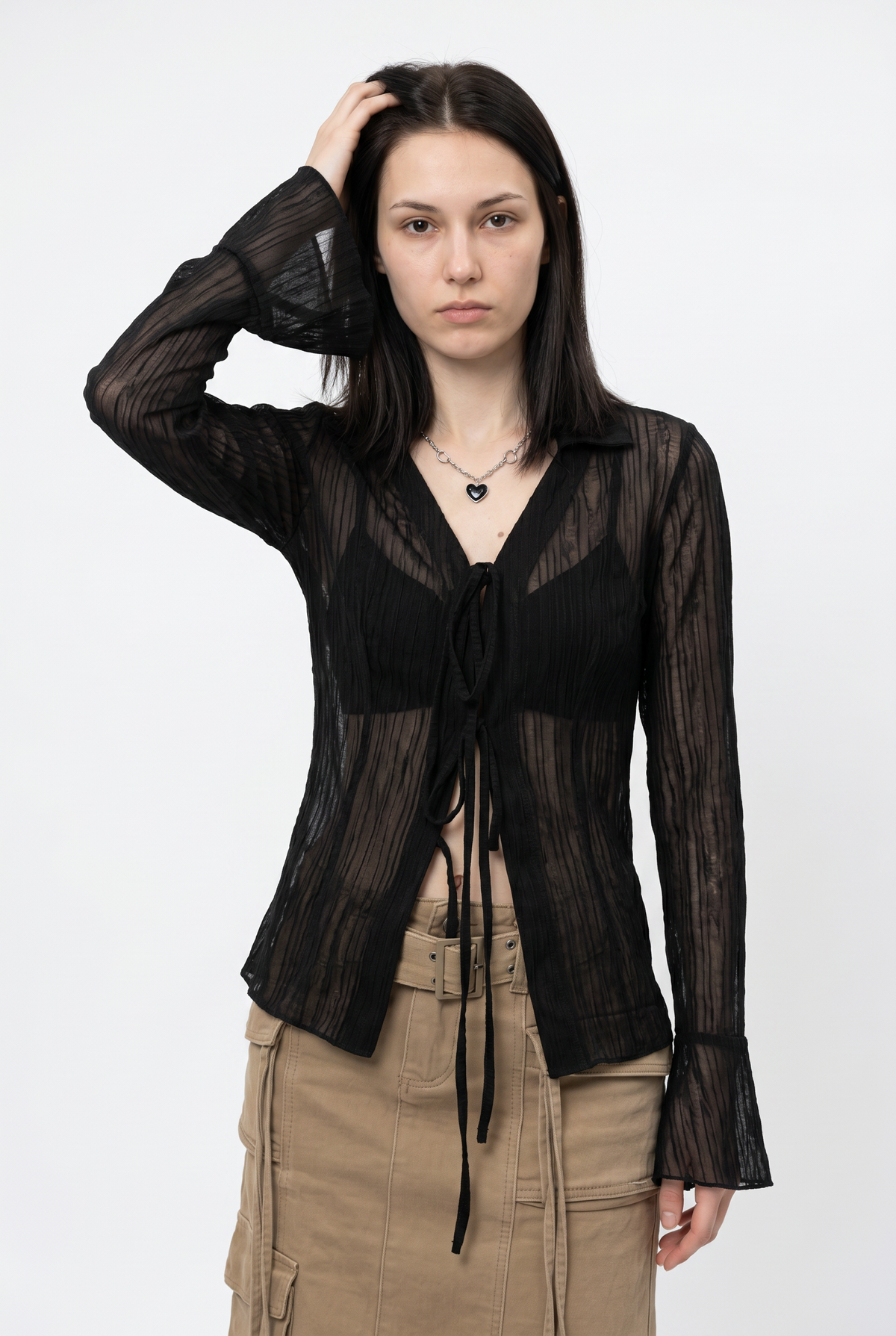 Black Sheer Striped Long Blouse