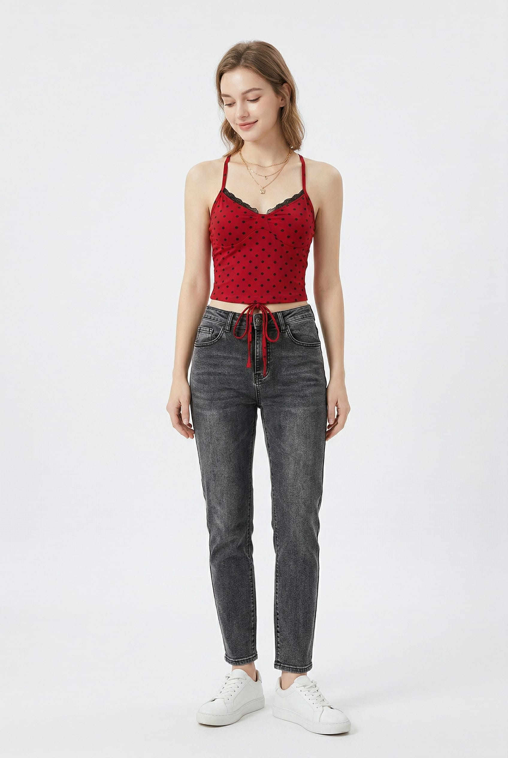 Red Polka Dot Tie-Front Crop Top