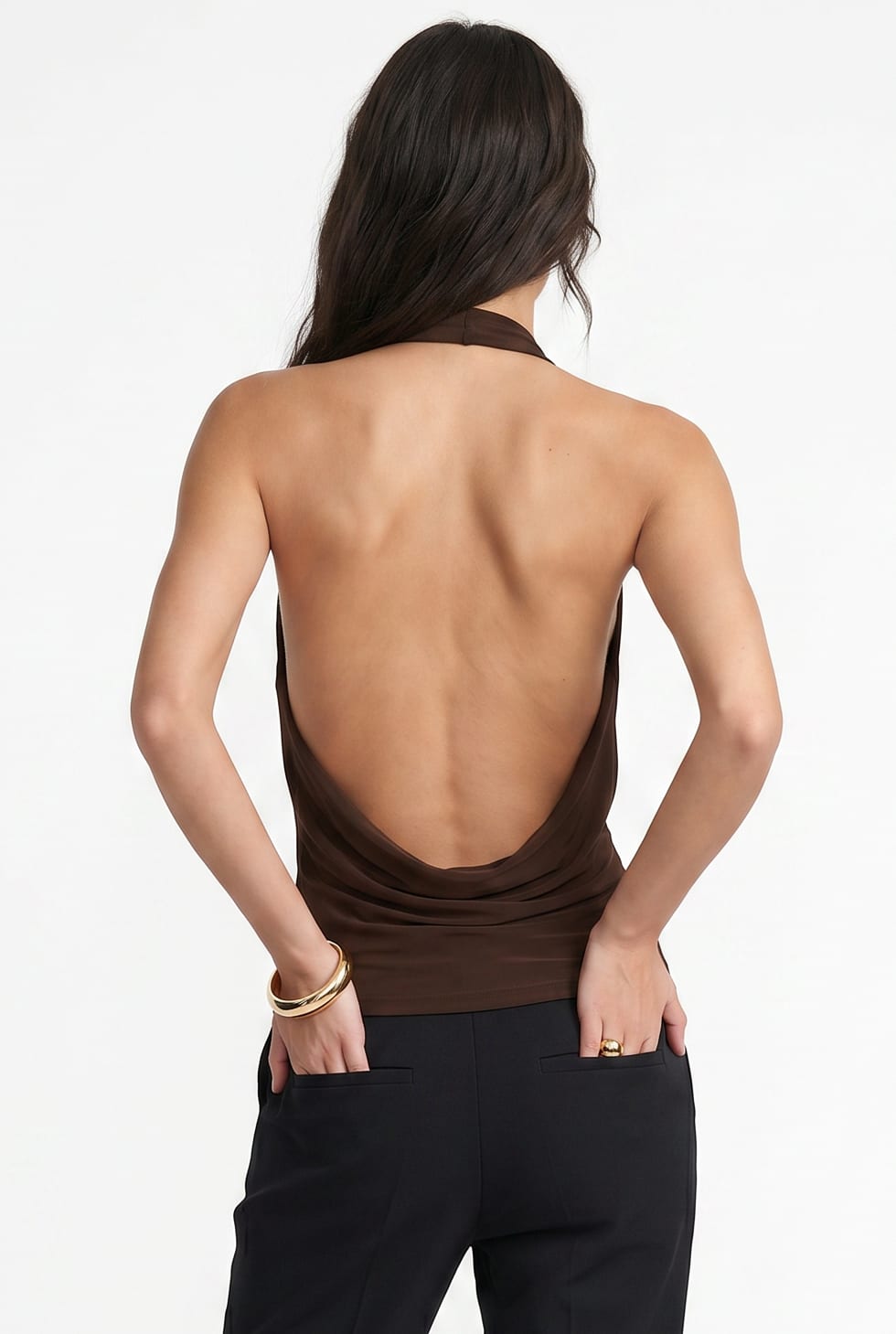 Chocolate Brown Halter Cowl Neck Top