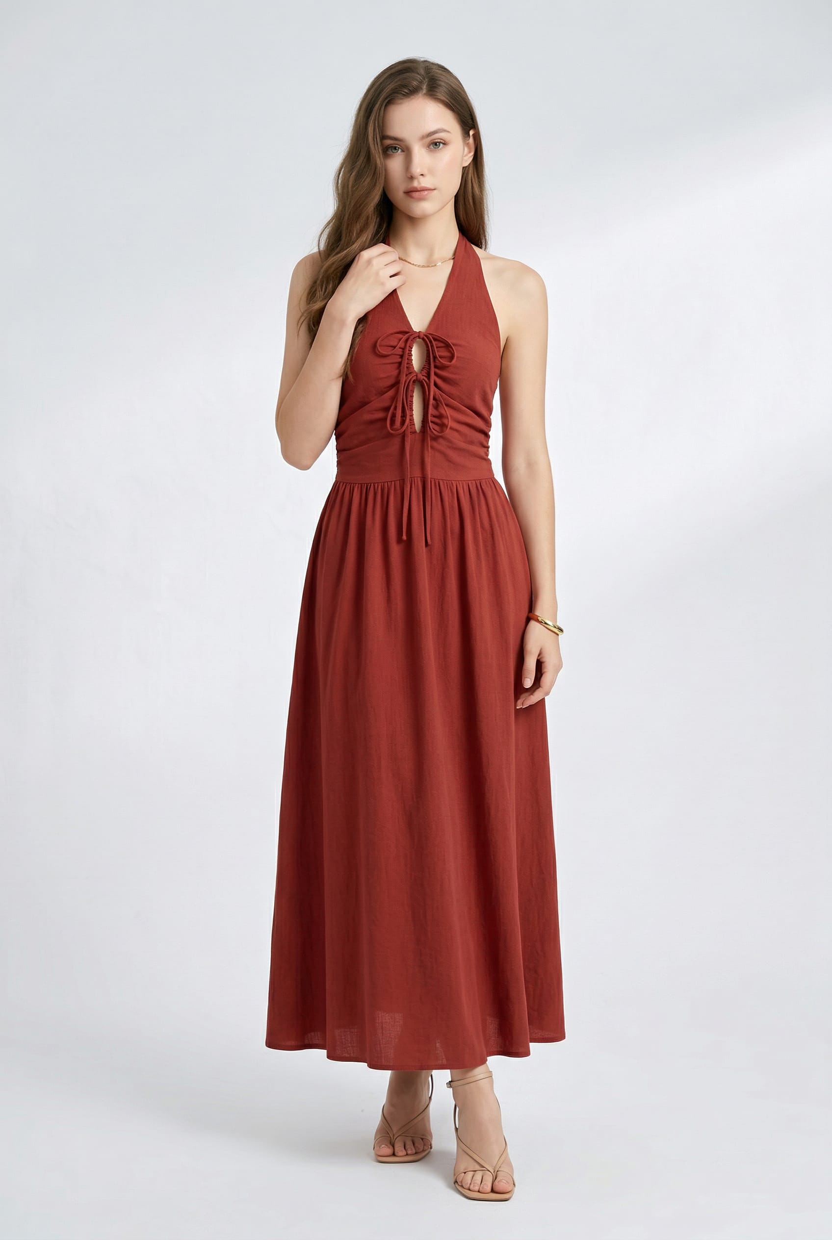 Terracotta Halter Tie-Front Maxi Dress