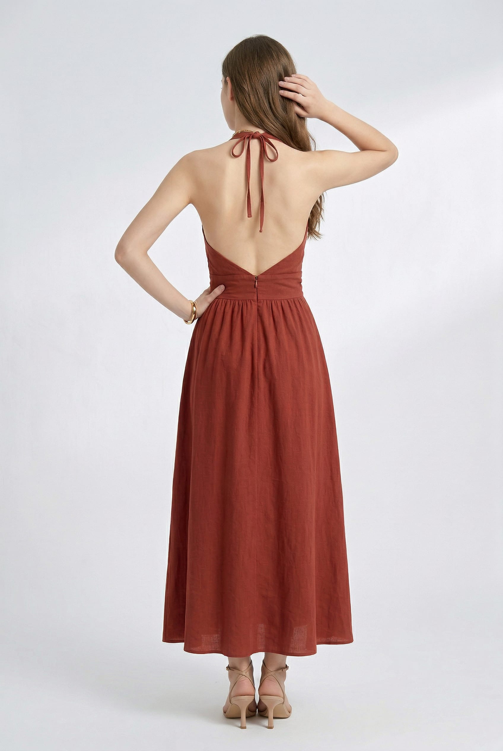 Terracotta Halter Tie-Front Maxi Dress
