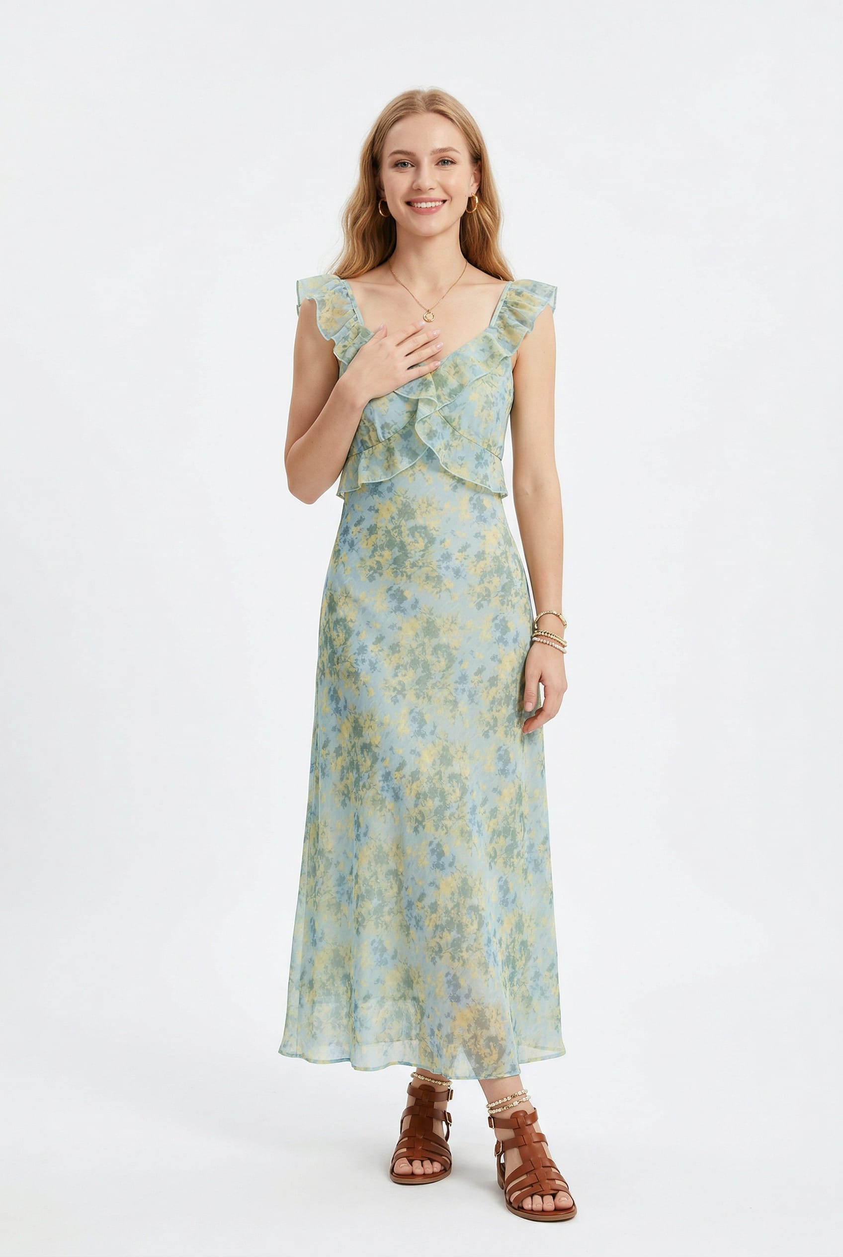 Mint Floral Ruffle Maxi Dress
