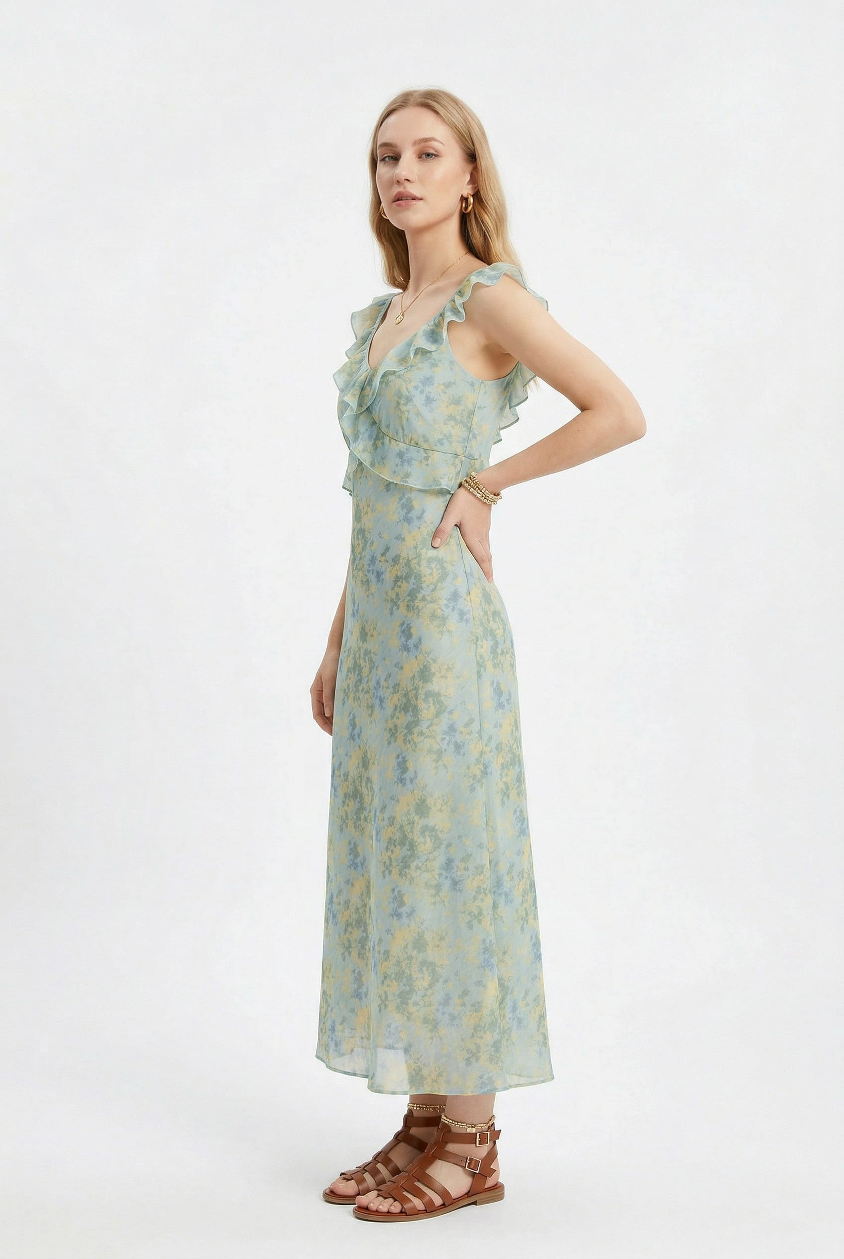Mint Floral Ruffle Maxi Dress