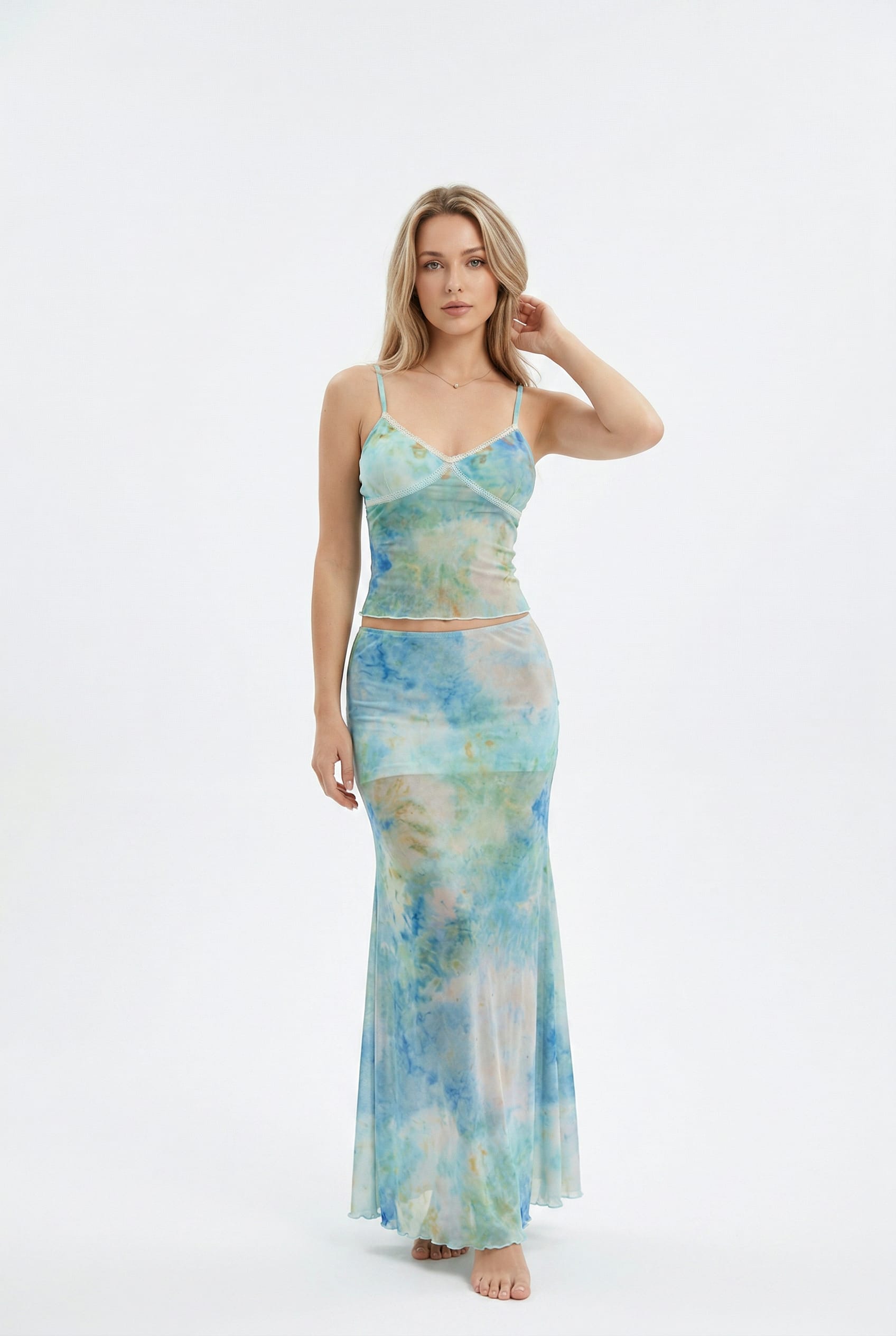 Aqua Tie-Dye Mesh Maxi Dress