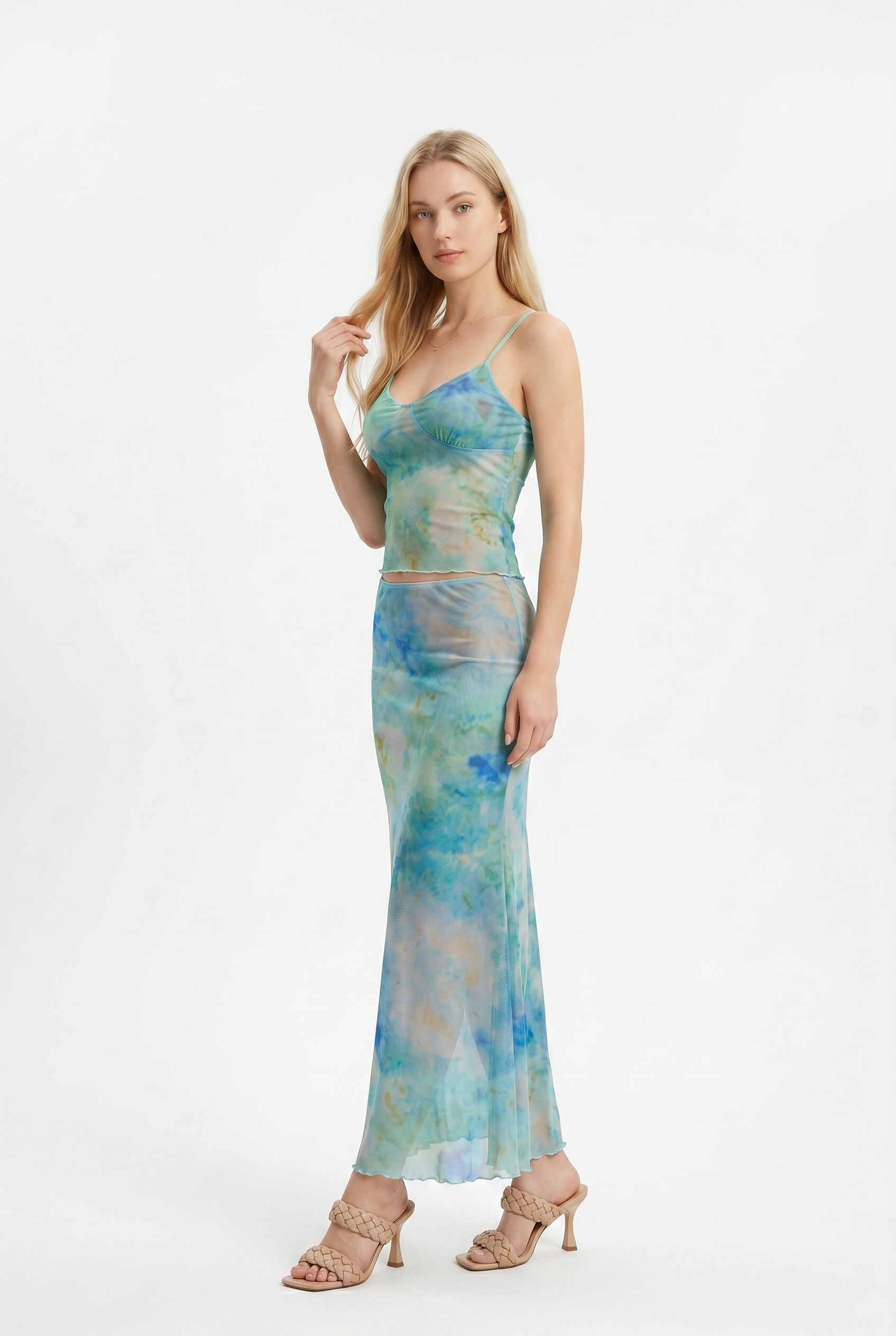 Aqua Tie-Dye Mesh Maxi Dress