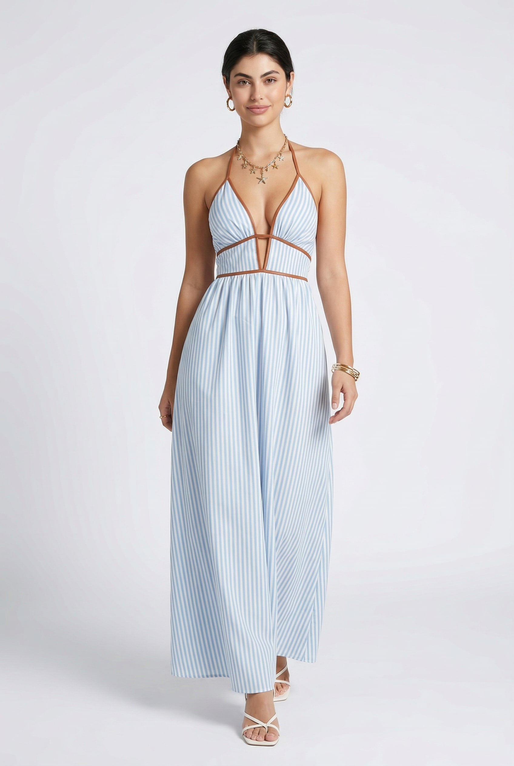 Sky Blue Striped Halter Maxi