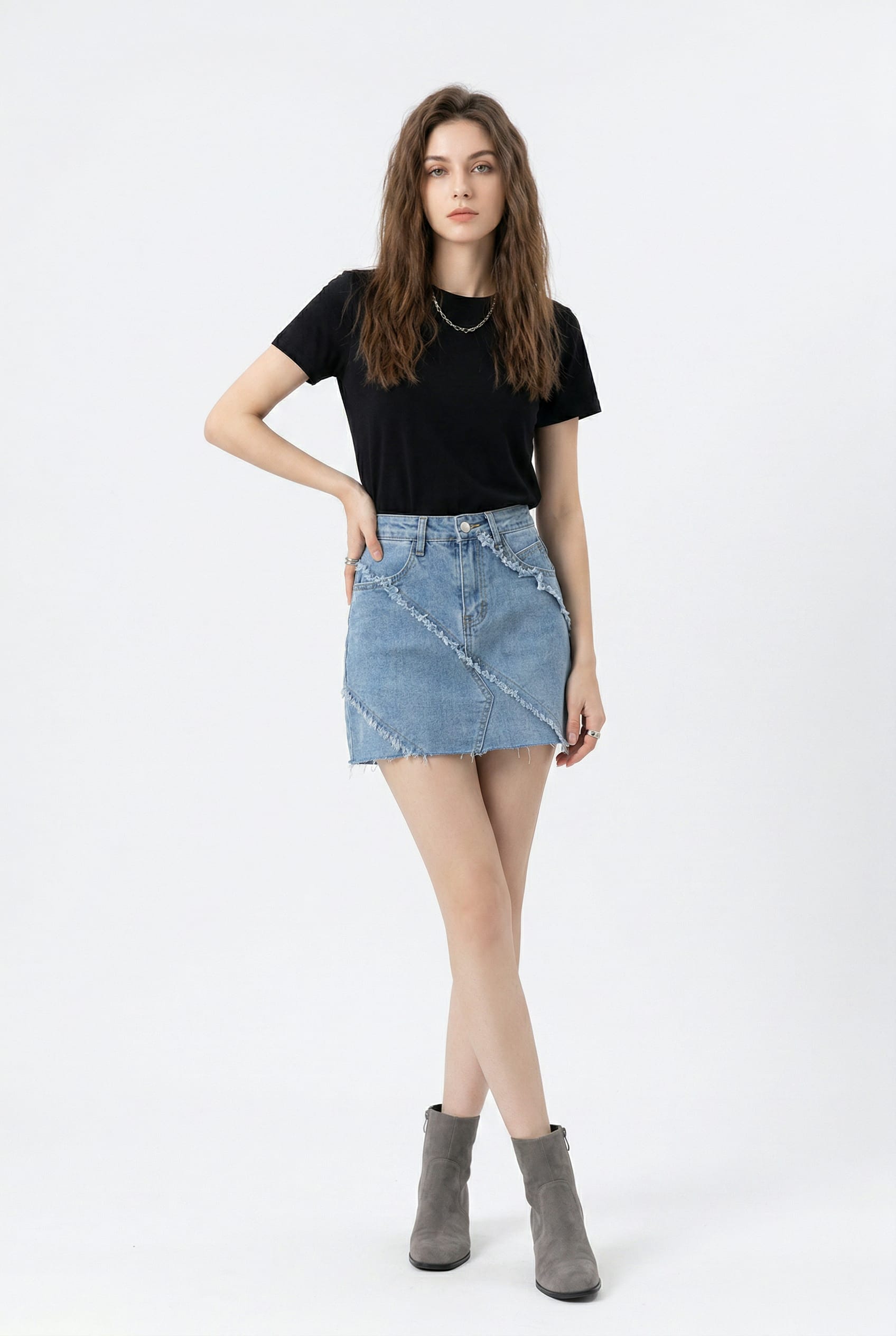 Light Blue Frayed Patchwork Denim Mini