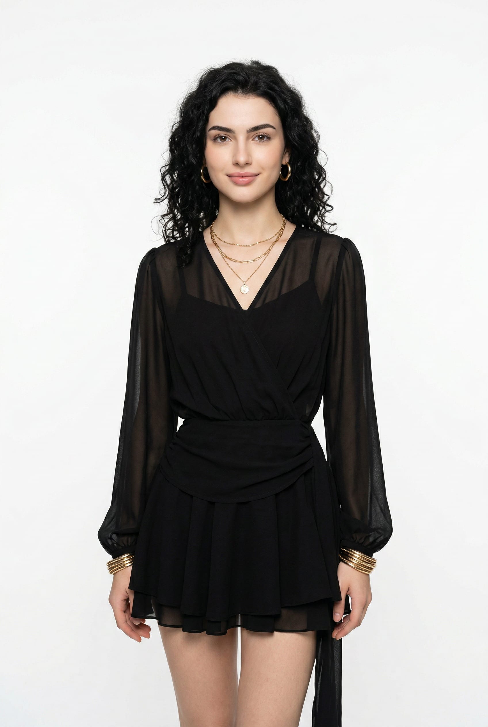 Black Sheer Sleeve Wrap Mini Dress