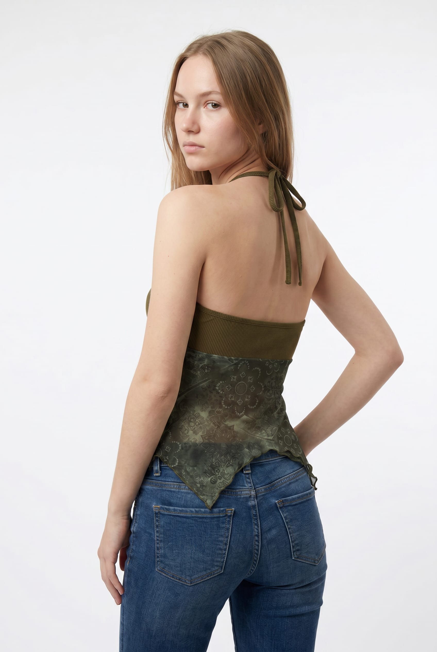 Olive Halter Top Sheer Lace Detail