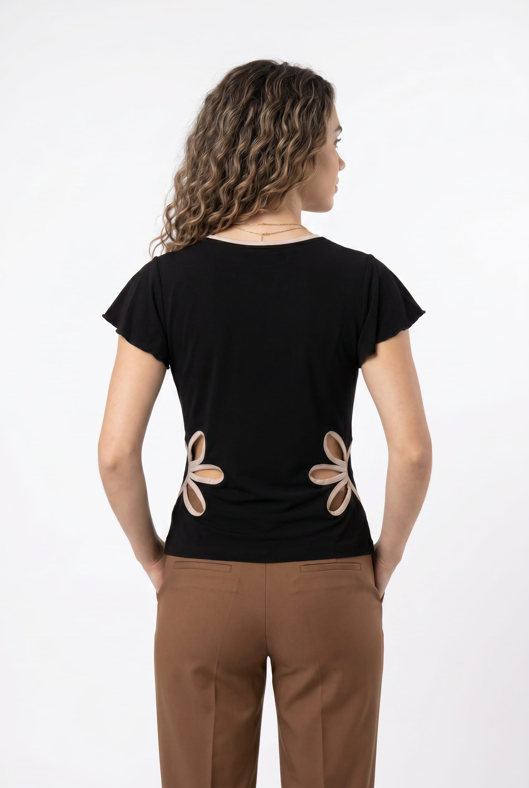 Black V-Neck Tee Floral Applique Detail